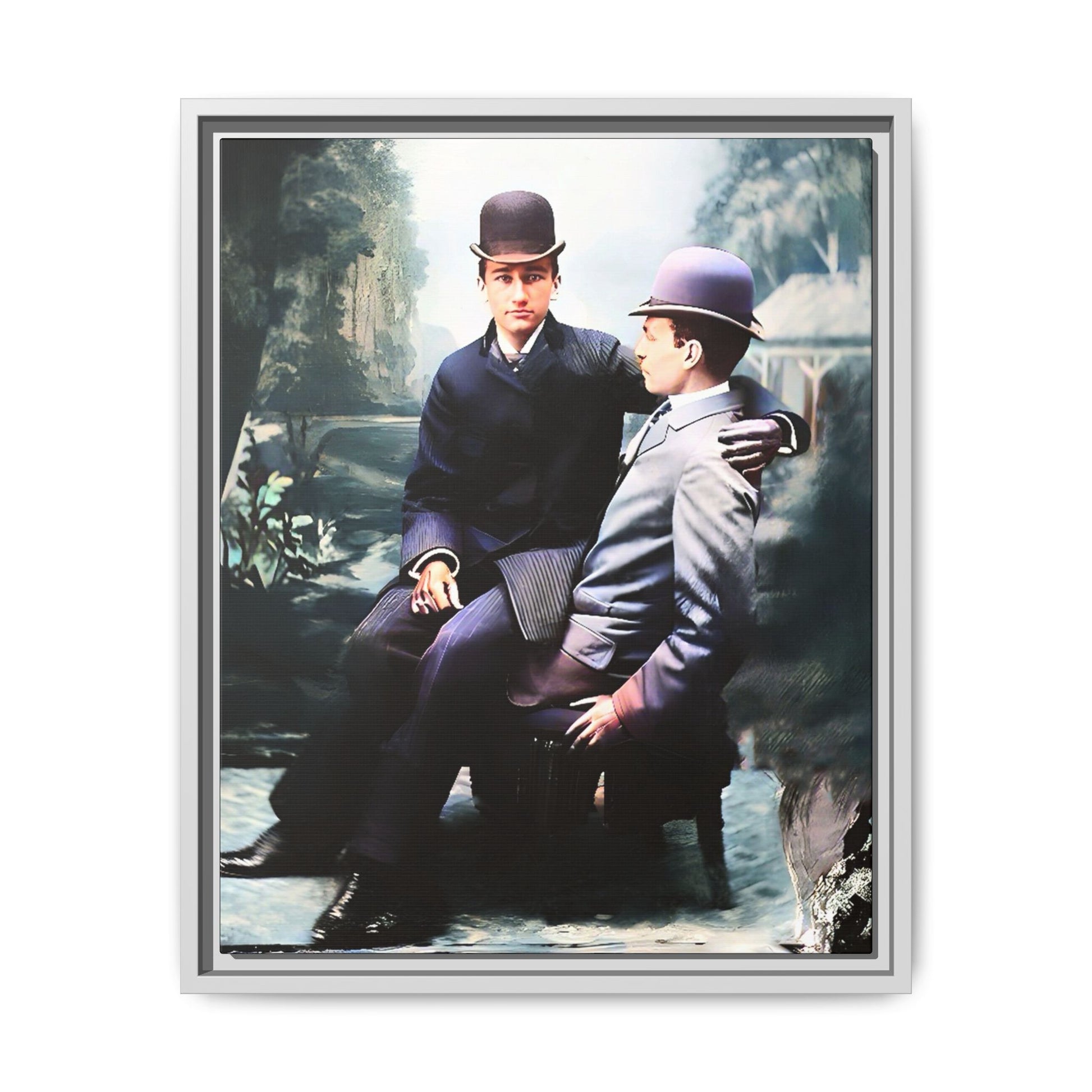 Restored 1800s photo of Cash & Arwood, Irish gay couple in loving pose, framed canvas print
