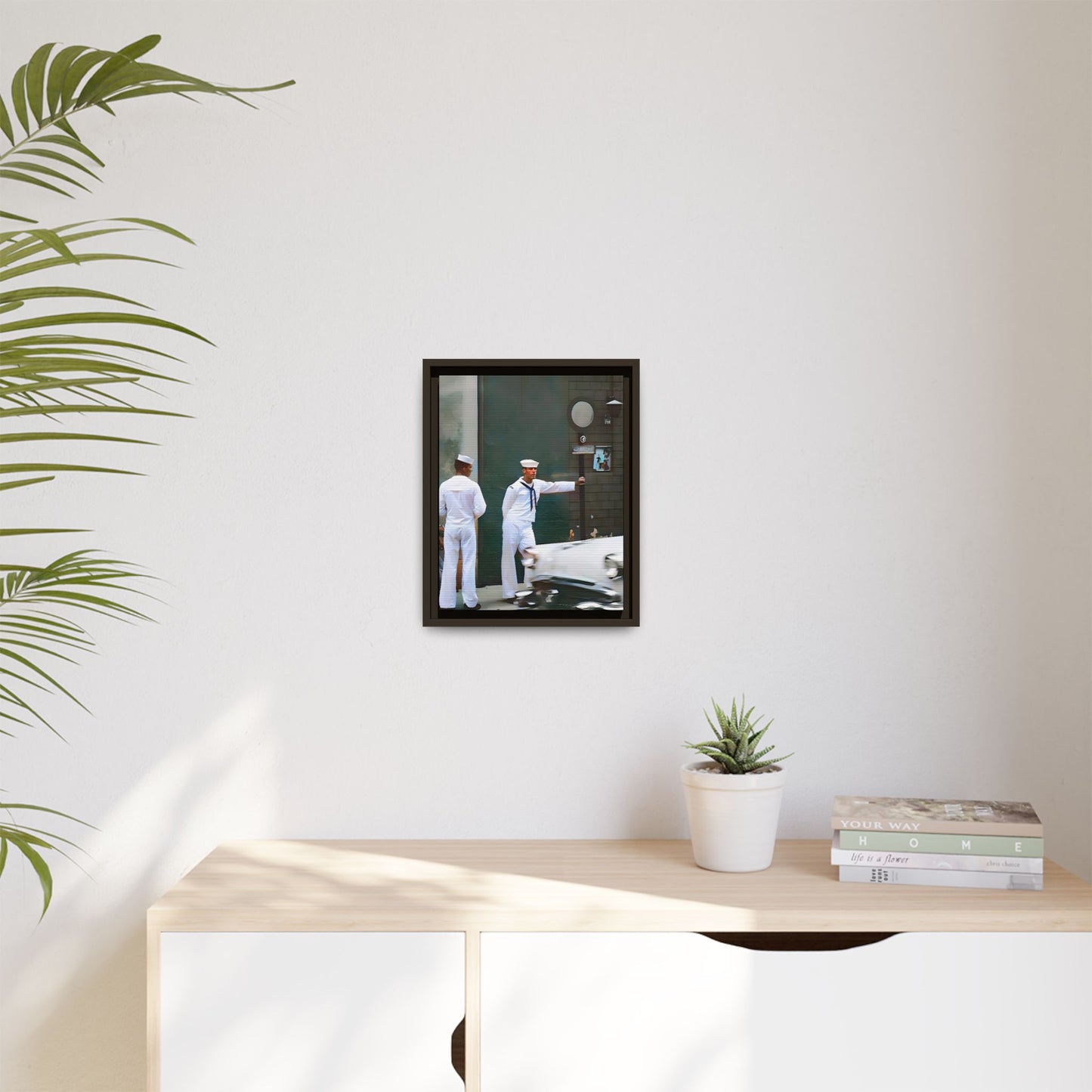 A restored vintage portrait of two sailors in Boystown, Northalsted, Chicago. This framed matte canvas celebrates LGBTQ+ history, urban charm, and community pride.