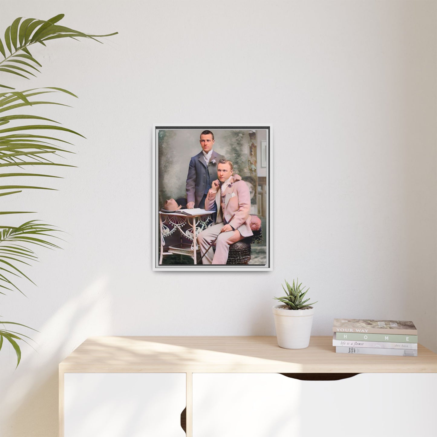 Restored early 1900s photo of Walt and Dewey in tailored suits, posed elegantly in Kansas City, celebrating LGBTQ+ love and resilience, framed as wall art. Gay Coup