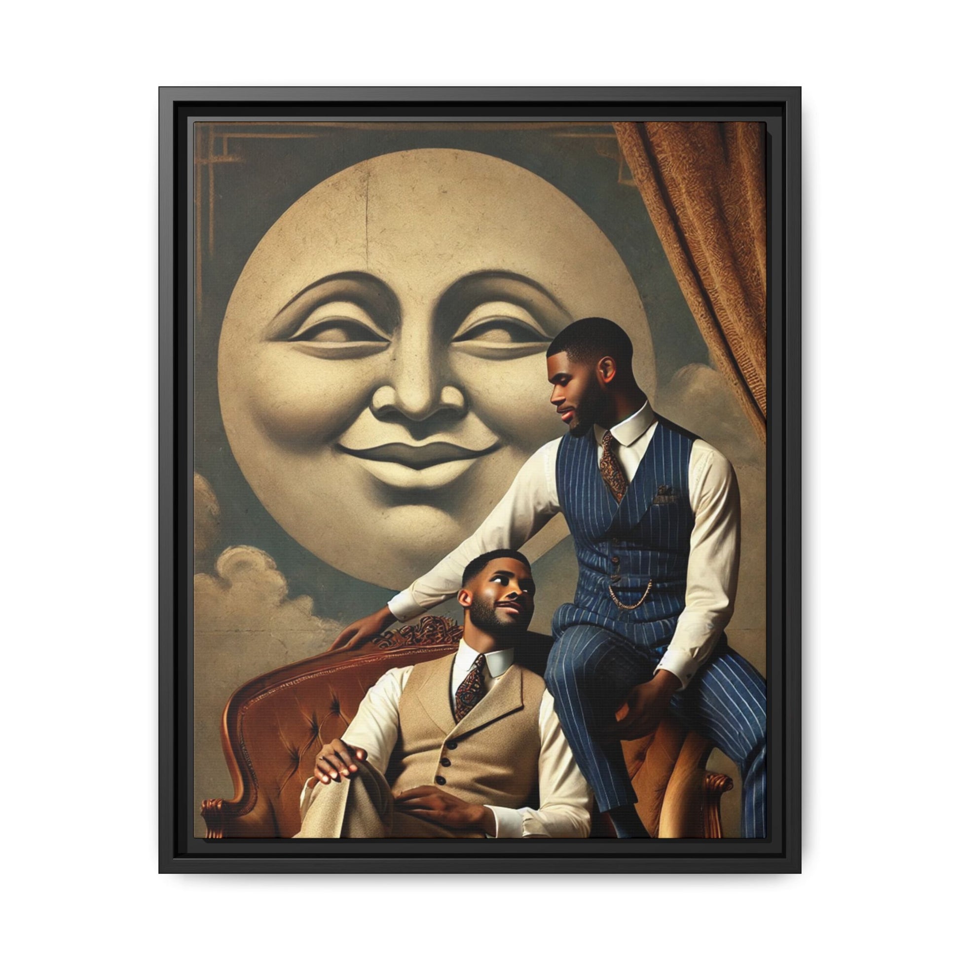 An elegant portrait of two Black men in vintage suits, seated affectionately beneath a smiling full moon. This 1920s-inspired artwork reclaims lost LGBTQ history, honoring Black queer love through style, softness, and resilience.