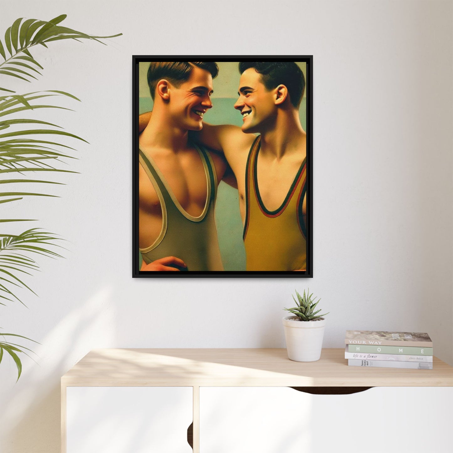 Framed artwork of two young wrestlers in vintage singlets sharing a candid moment, inspired by Grant Wood's Regionalist art style.