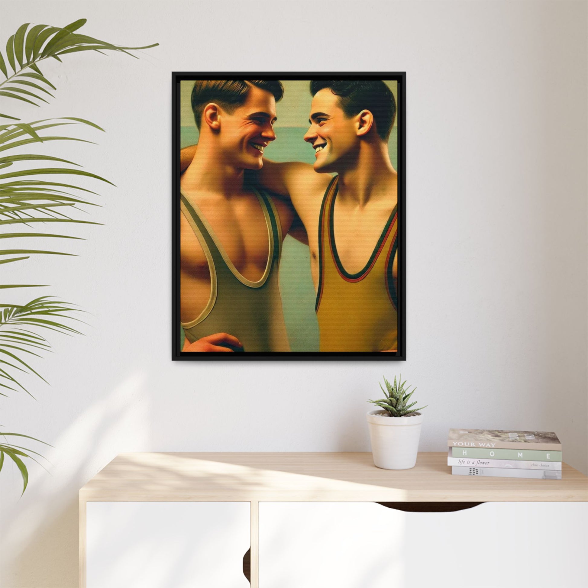Framed artwork of two young wrestlers in vintage singlets sharing a candid moment, inspired by Grant Wood's Regionalist art style.