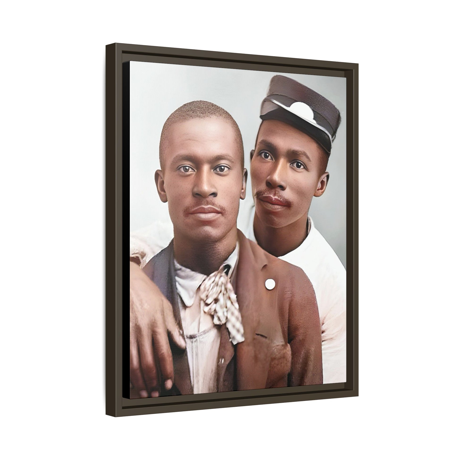 A restored vintage portrait of Willie & Louis at Metro-North Railroad in Harlem, New York. This framed matte canvas celebrates LGBTQ+ history, African American heritage, and timeless love. Gay Couple