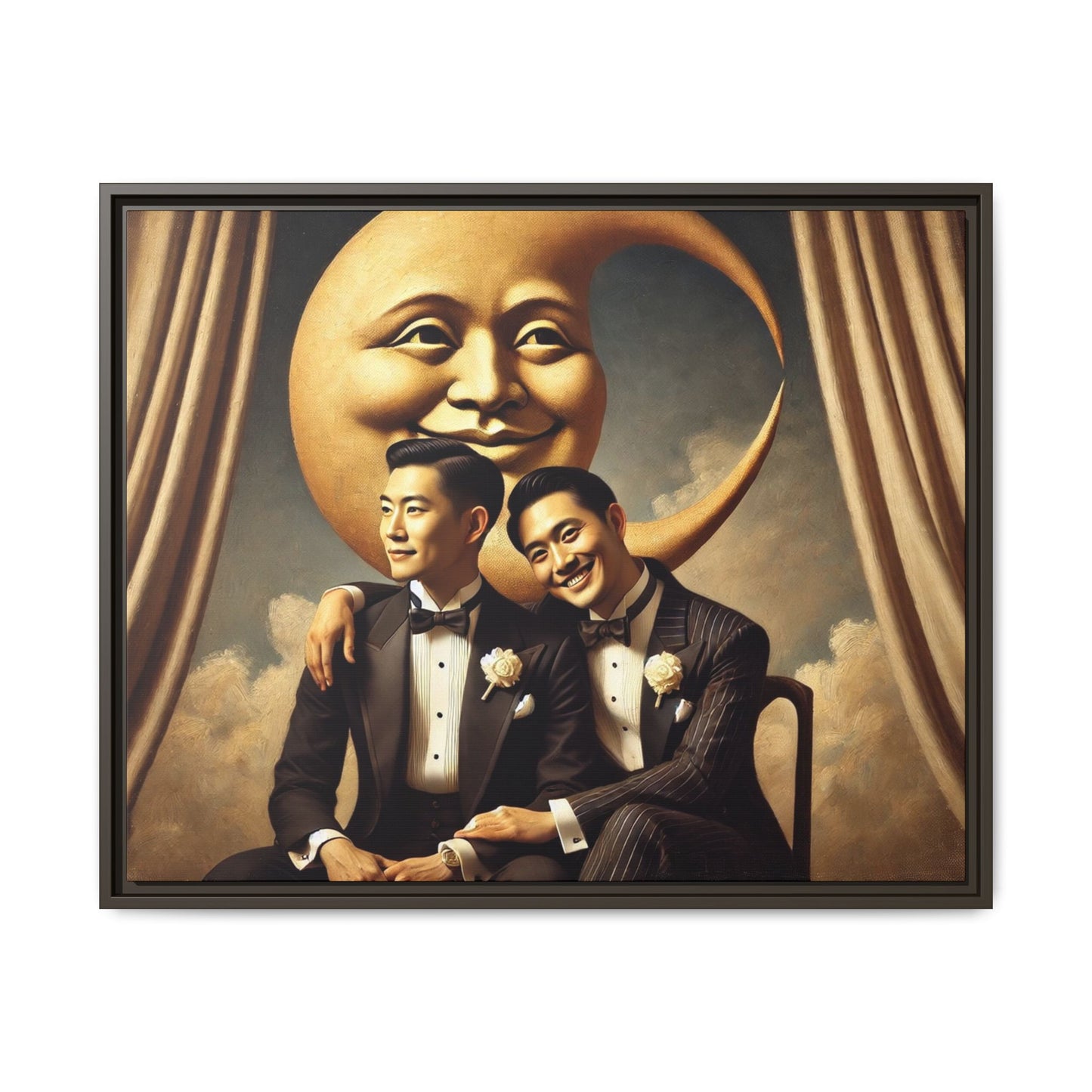 Vintage-inspired artwork of a romantic gay Asian couple in tuxedos sitting affectionately beneath a smiling crescent moon prop, surrounded by vintage stage curtains and dreamy clouds. A reclaimed queer narrative from the Man In The Moon series.