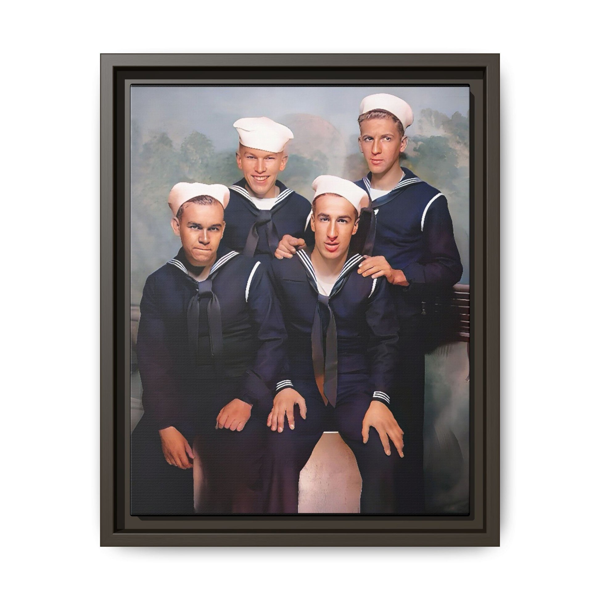A framed vintage naval portrait on matte canvas featuring four sailors at Naval Station Great Lakes, capturing unity, service, and military pride.