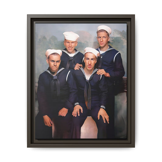 A framed vintage naval portrait on matte canvas featuring four sailors at Naval Station Great Lakes, capturing unity, service, and military pride.