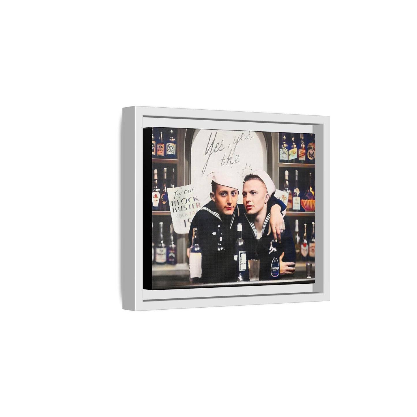 A restored vintage photo of Matt & Cory at Naval Air Station Alameda, CA. This framed matte canvas print captures camaraderie, LGBTQ+ history, and the spirit of military service, making it a unique and nostalgic keepsake for history lovers. Gay Couple Sailors