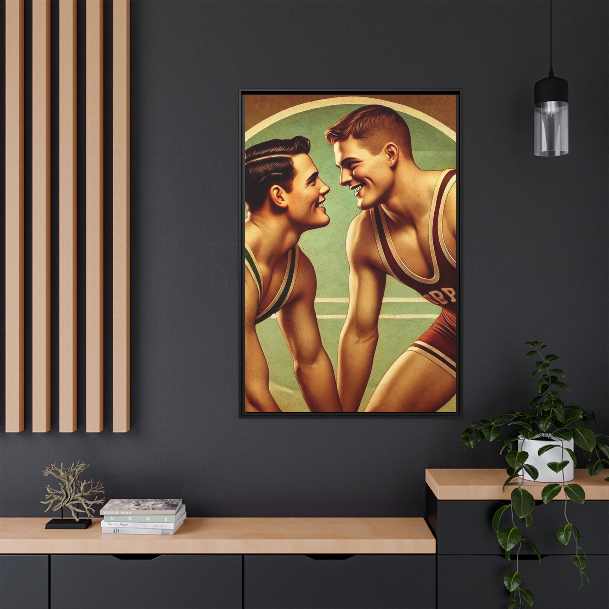 Framed artwork of two young wrestlers in vintage singlets on a stylized mat, inspired by Grant Wood's nostalgic Americana style.