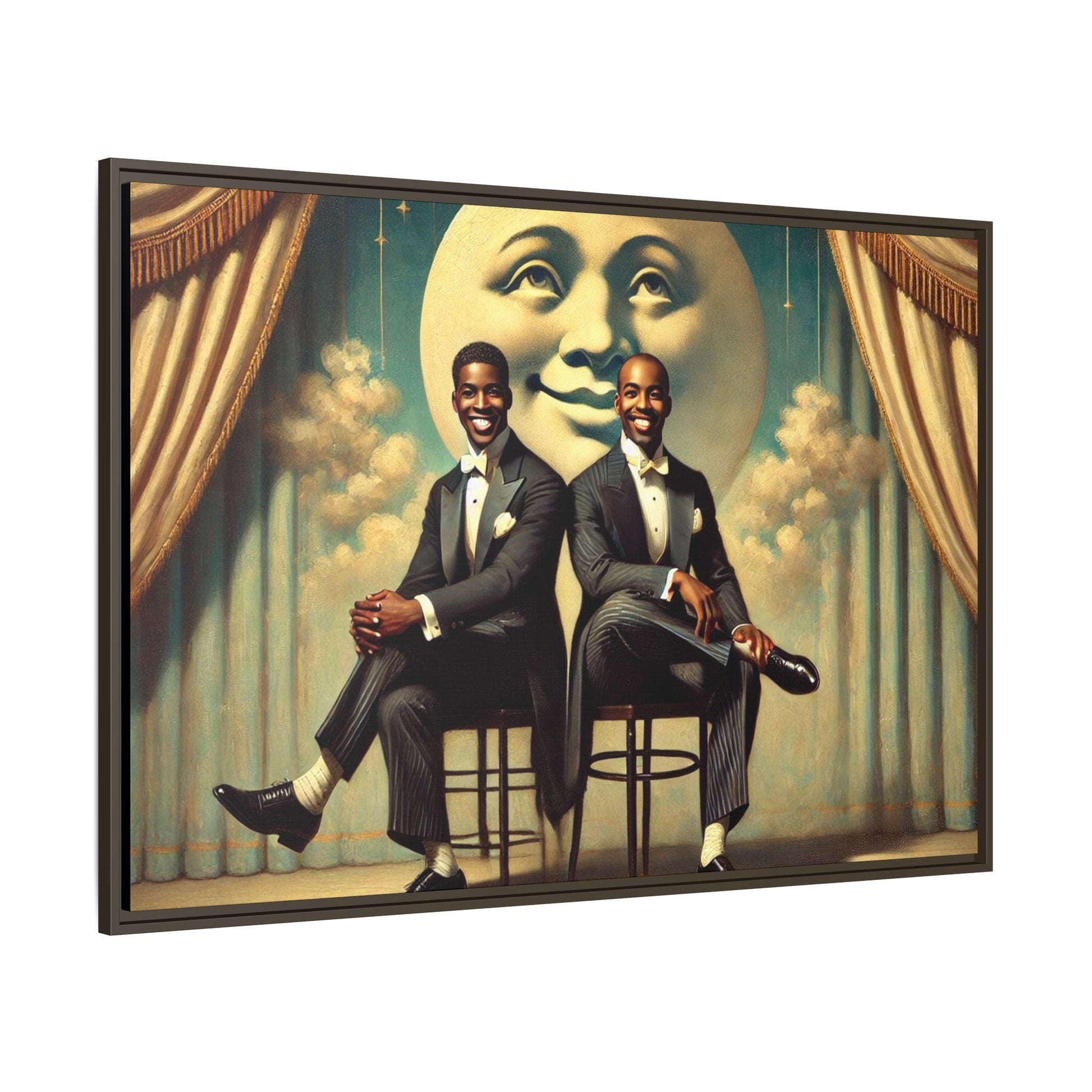 Framed vintage-style portrait of two Black men in tuxedos seated under a smiling crescent moon prop with golden curtains and cloud backdrop. This restored matte canvas honors lost LGBTQ history and reclaims early 20th-century queer representation with pride.