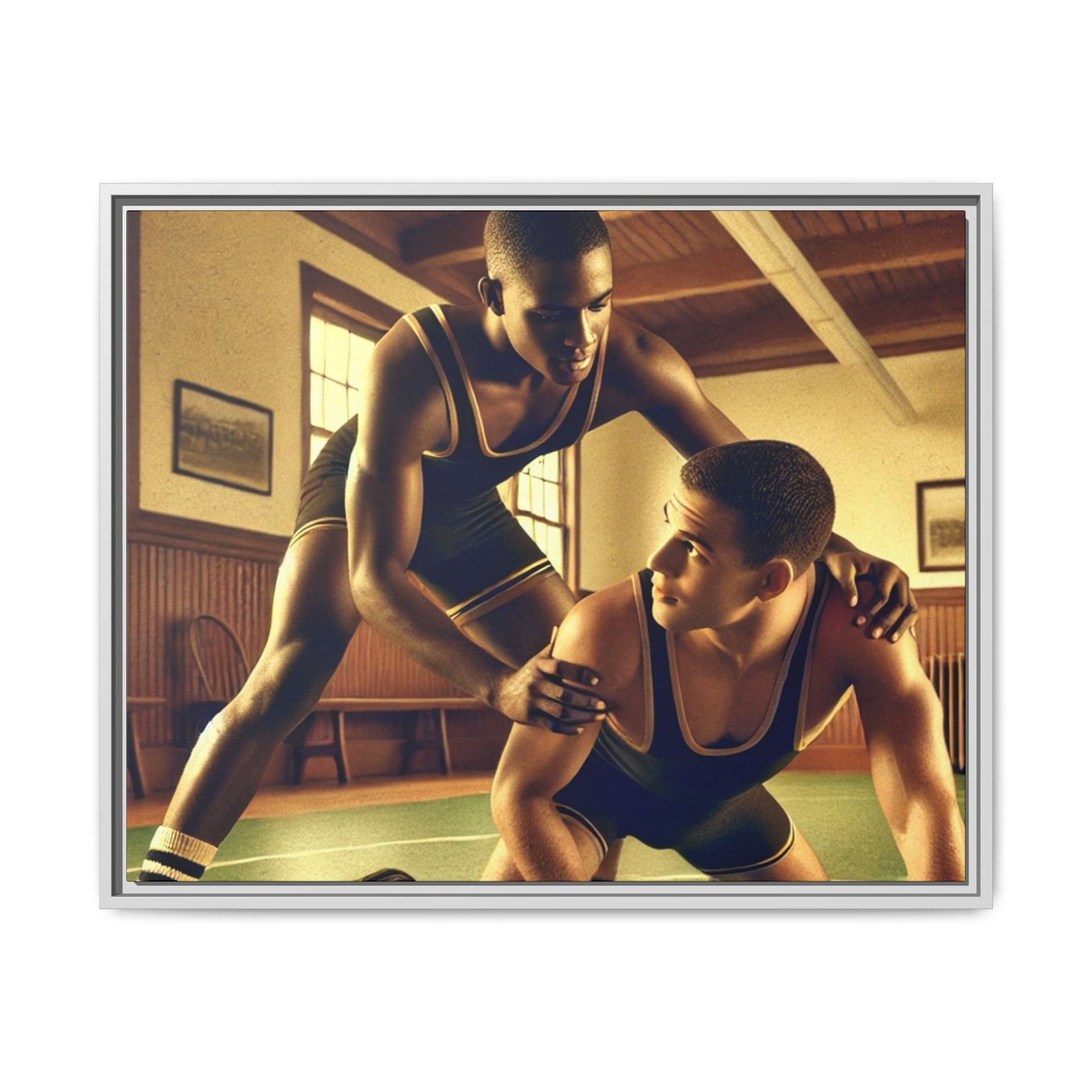 Framed canvas artwork inspired by Grant Wood featuring African-American and European-American wrestlers in a vintage gymnasium. A tribute to unity, diversity, and regionalist art.