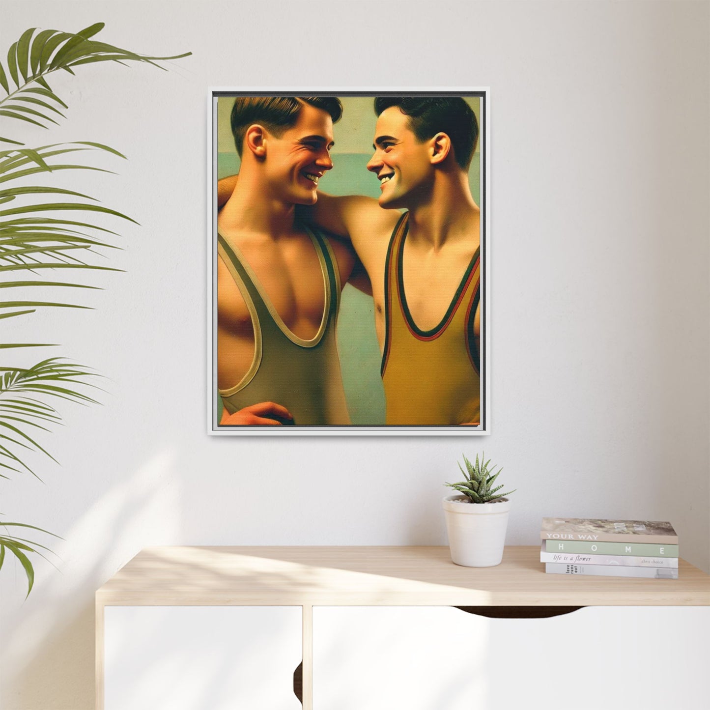 Framed artwork of two young wrestlers in vintage singlets sharing a candid moment, inspired by Grant Wood's Regionalist art style.