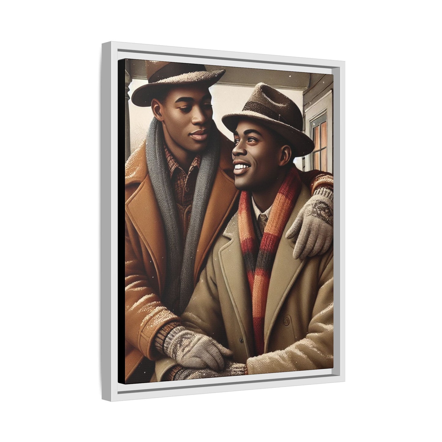 Artwork of an African-American gay couple sharing a cozy winter moment on a porch. Dressed in vintage winter attire with fedoras, scarves, and warm coats, they exchange affectionate gazes amidst softly falling snow, capturing love, warmth, and intimacy in a nostalgic winter setting.