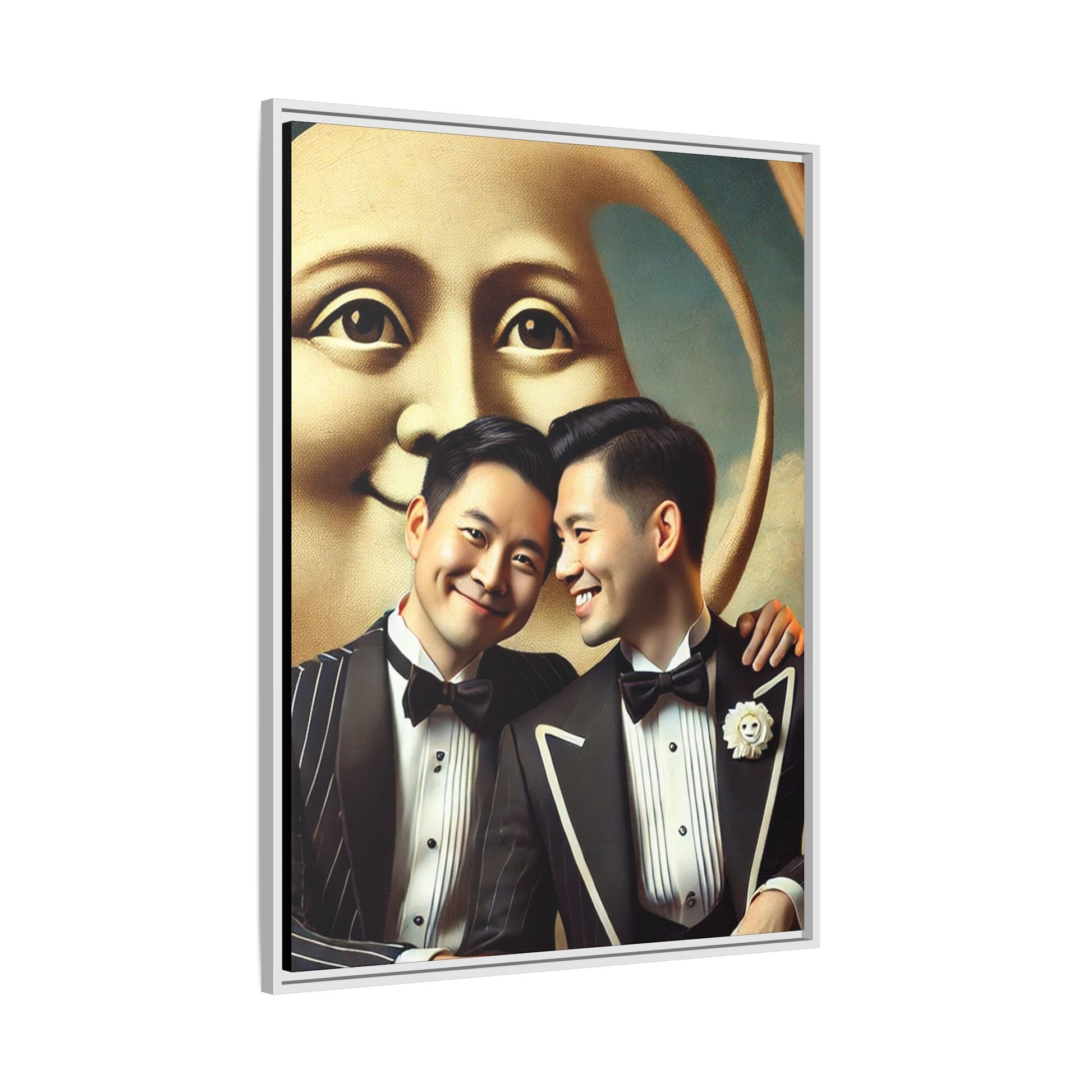 Framed matte canvas featuring a joyful queer Asian couple in tuxedos standing beneath a crescent moon. This artwork, part of the Missing Art Studies series, reimagines erased queer histories with warmth, dignity, and vintage-inspired style.