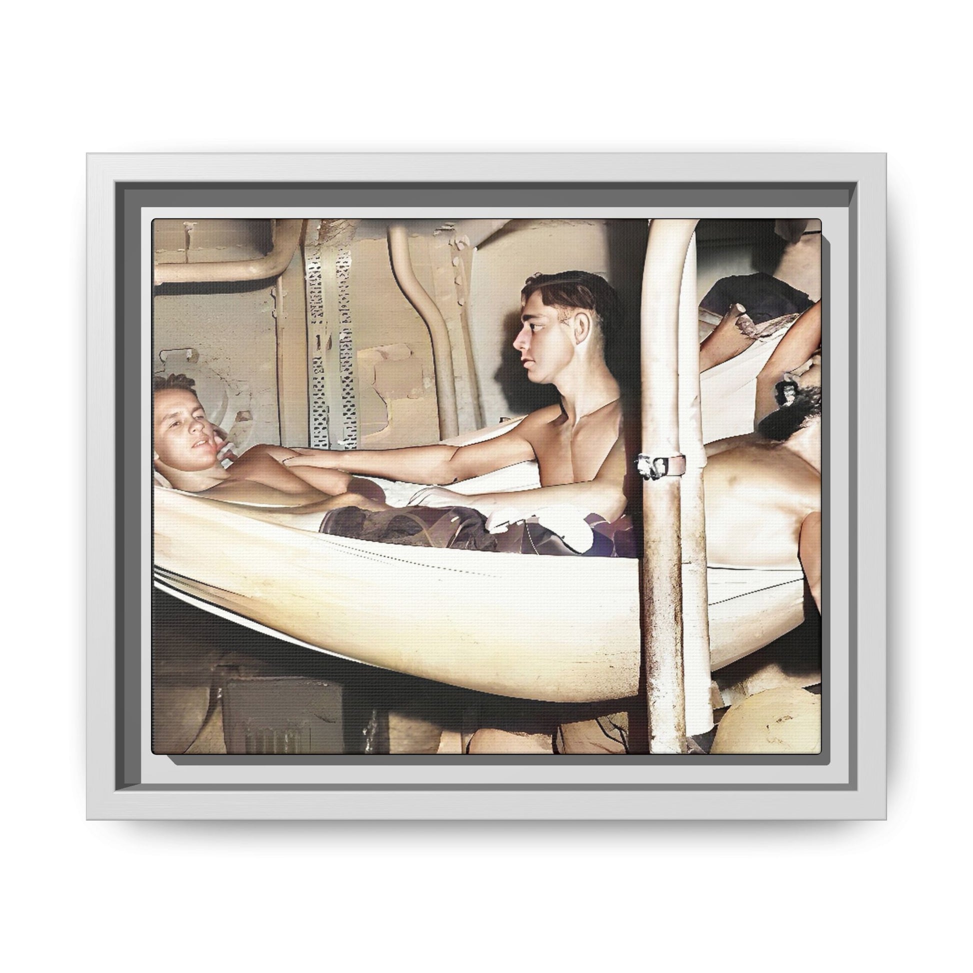 A framed vintage maritime photo on matte canvas featuring sailors aboard the Orleans, capturing life at sea and camaraderie.