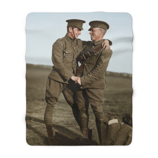 Cozy fleece throw with vintage military portrait and warm outdoor setting
