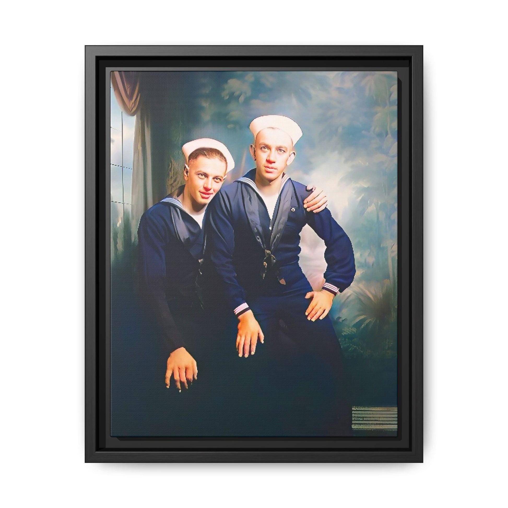A restored vintage naval portrait of Thomas & Ervin at Naval Station Newport, Rhode Island. This framed matte canvas honors LGBTQ+ history, military service, and timeless camaraderie. Gay Couple