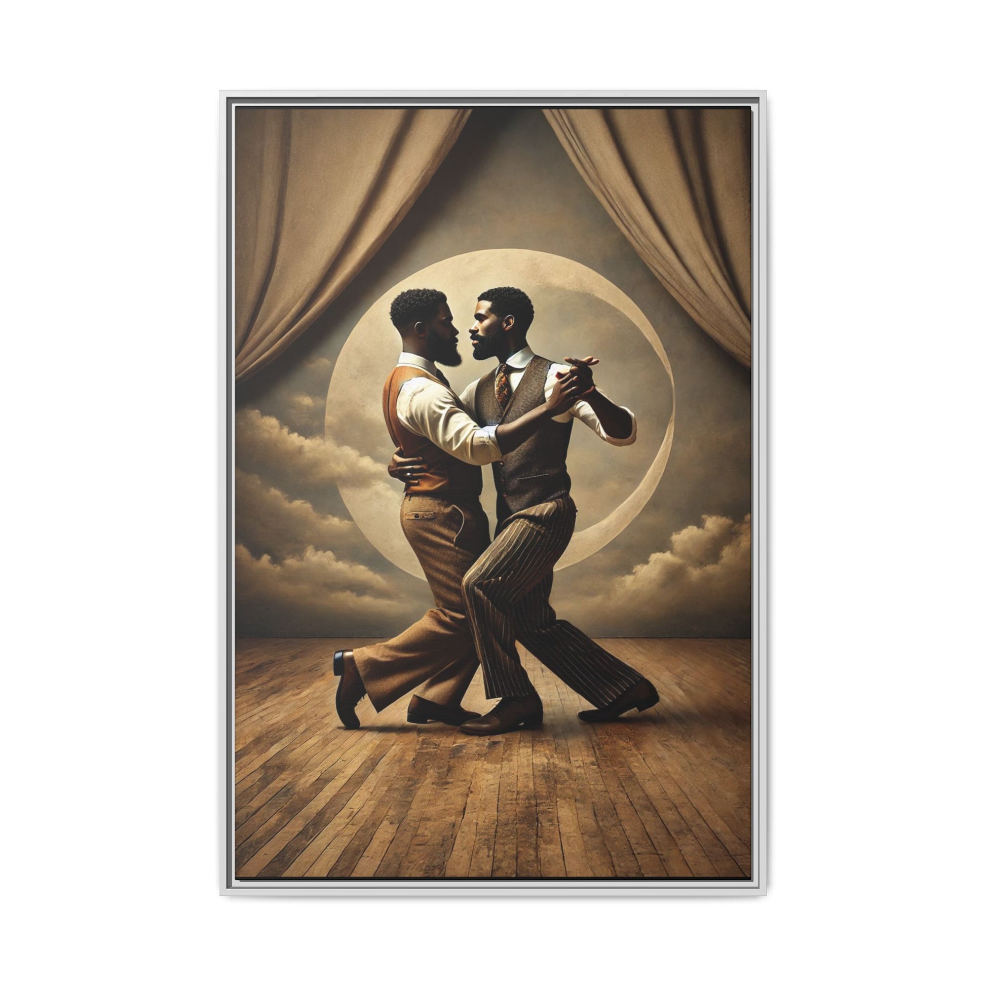 Original artwork of two Black men ballroom dancing in vintage 1920s suits under a glowing moon backdrop. A romantic and powerful tribute to queer love and Black history that reclaims moments lost to systemic bias and cultural erasure.