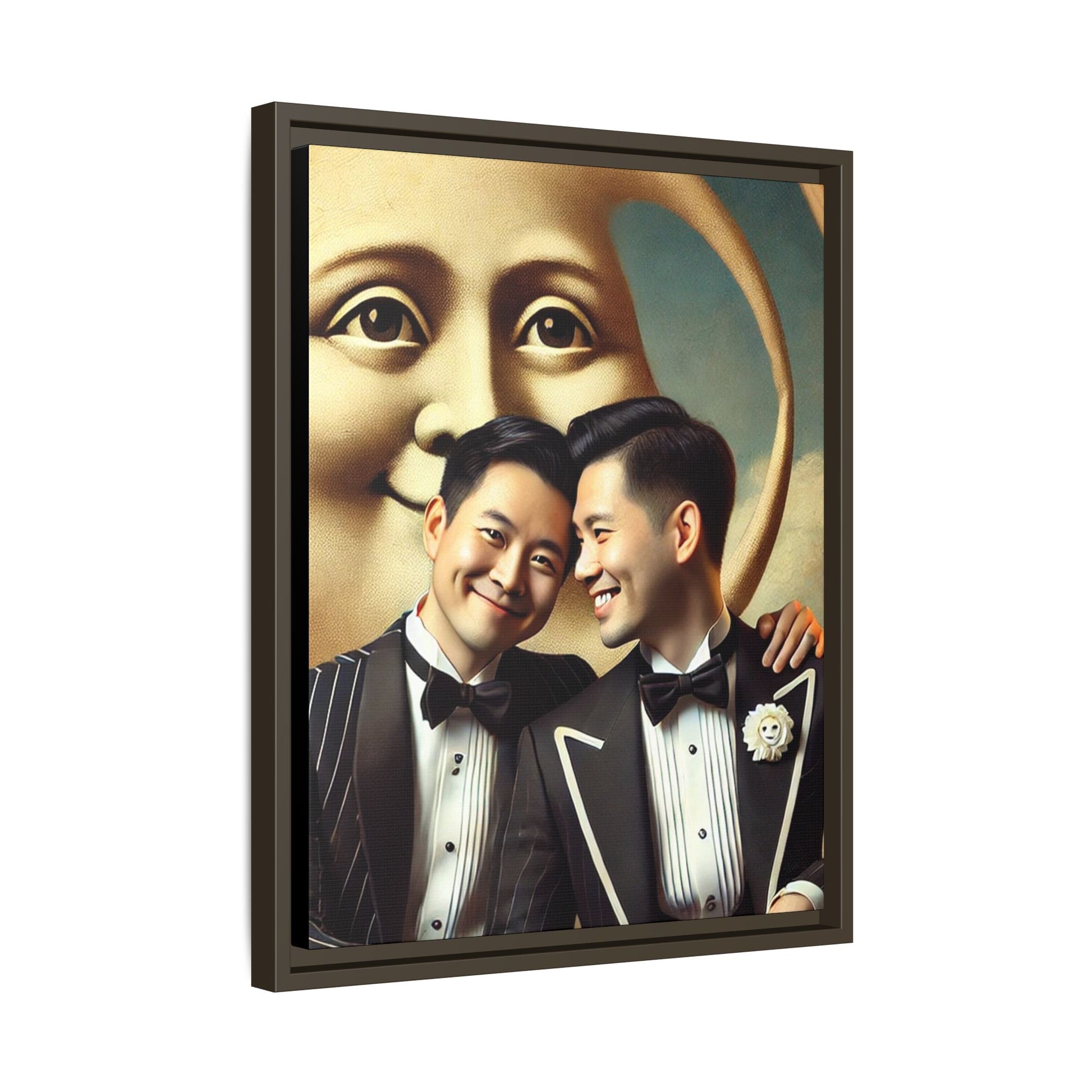 Framed matte canvas featuring a joyful queer Asian couple in tuxedos standing beneath a crescent moon. This artwork, part of the Missing Art Studies series, reimagines erased queer histories with warmth, dignity, and vintage-inspired style.