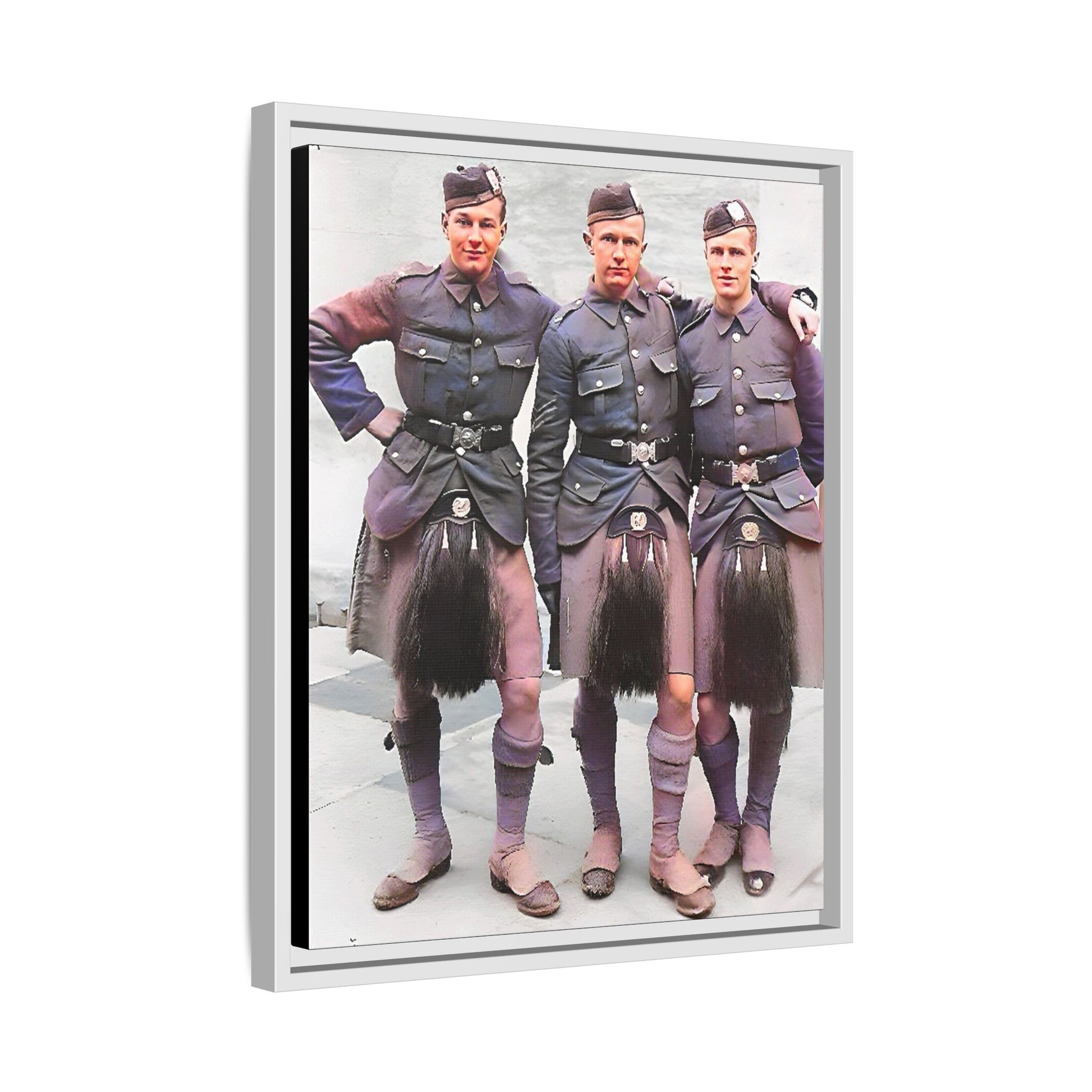 A restored vintage portrait of Gordon Highlanders in Glasgow, Scotland. This framed matte canvas honors Scottish military history, tradition, and unity.
