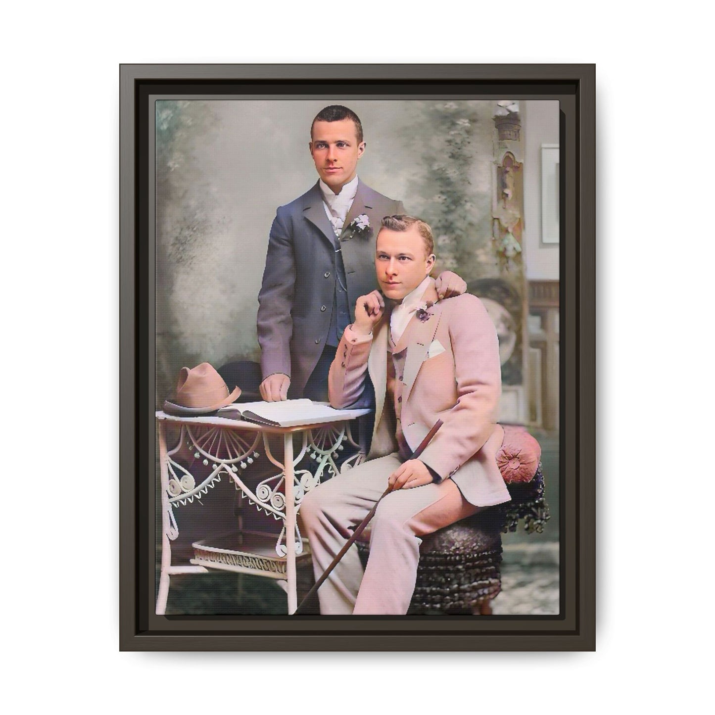 Restored early 1900s photo of Walt and Dewey in tailored suits, posed elegantly in Kansas City, celebrating LGBTQ+ love and resilience, framed as wall art. Gay Coup