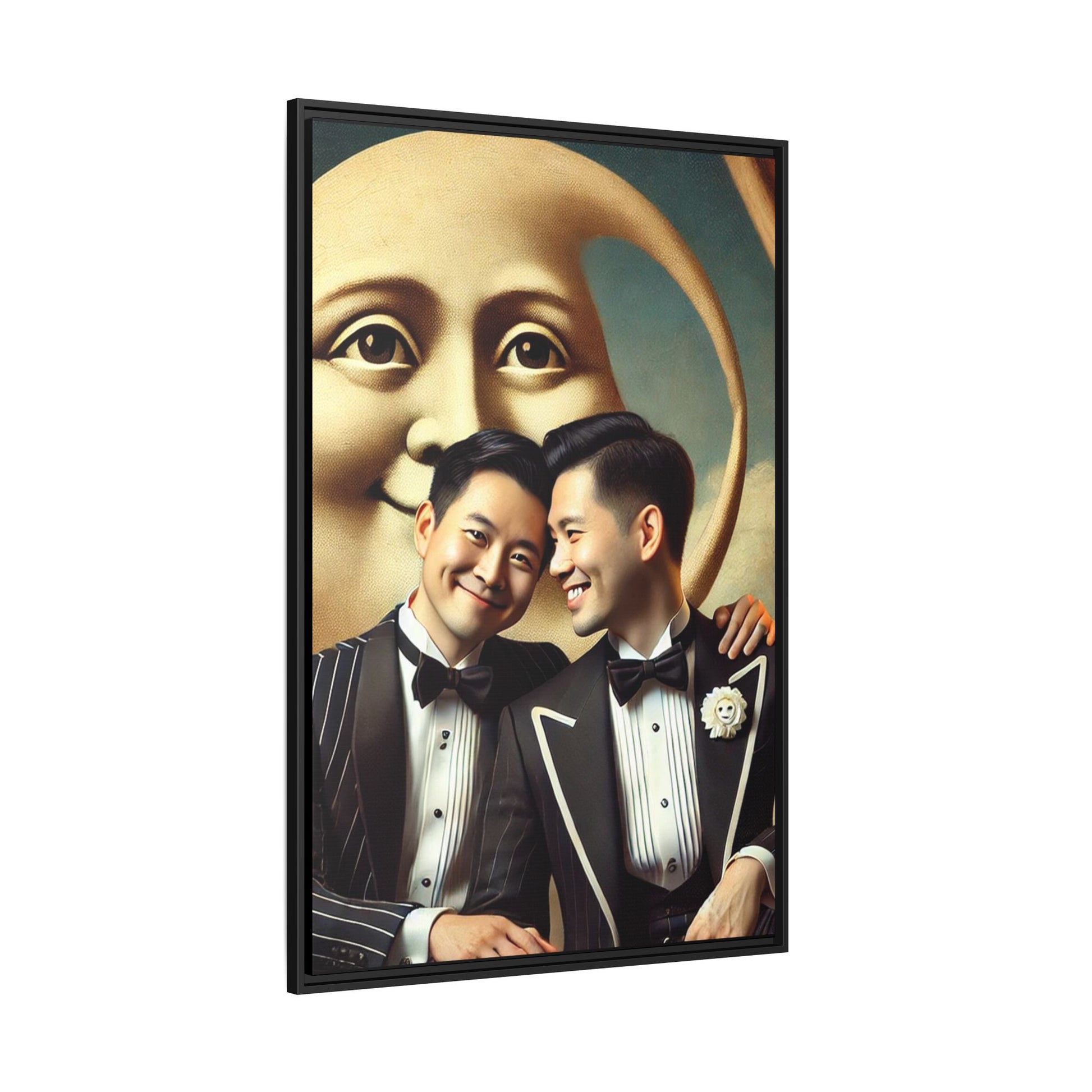 Framed matte canvas featuring a joyful queer Asian couple in tuxedos standing beneath a crescent moon. This artwork, part of the Missing Art Studies series, reimagines erased queer histories with warmth, dignity, and vintage-inspired style.