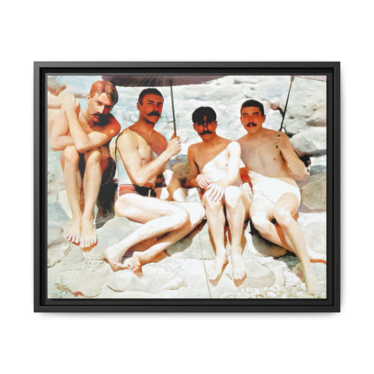 A nostalgic vintage beach photograph from Herring Cove Beach, Provincetown, MA. This framed canvas print captures four men in a relaxed summer moment, perfect for coastal home decor or as an LGBTQ+ history tribute.