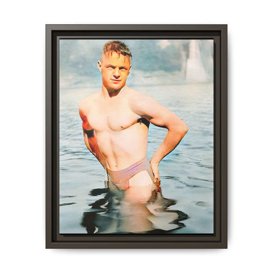 Restored 1940s vintage photo of Lewis standing waist-deep in Lake Wawasee, Indiana, radiating confidence and vitality, framed as wall art.