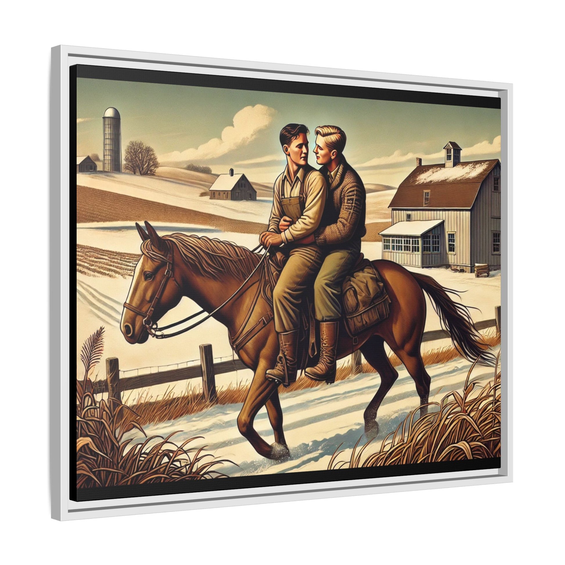 Artwork of a gay couple sharing a tender moment while seated together on a single horse in a snowy, rural Midwestern landscape. Dressed in early 20th-century attire, the men gaze at each other warmly, capturing love, resilience, and companionship in a serene 1930s-inspired American scene
