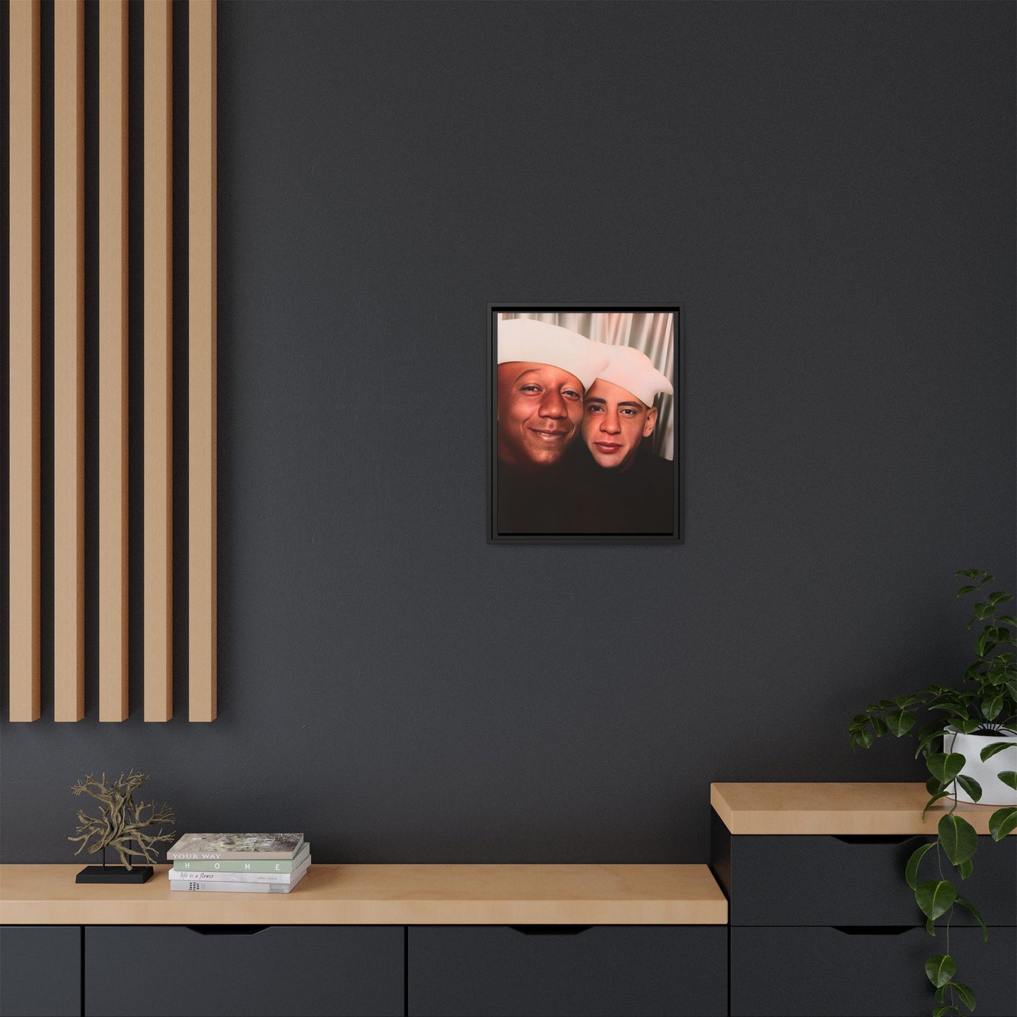 Restored vintage photo of Arthur & Marvin, WWII-era gay sailors in a photo booth, Daytona Beach FL, framed canvas art.