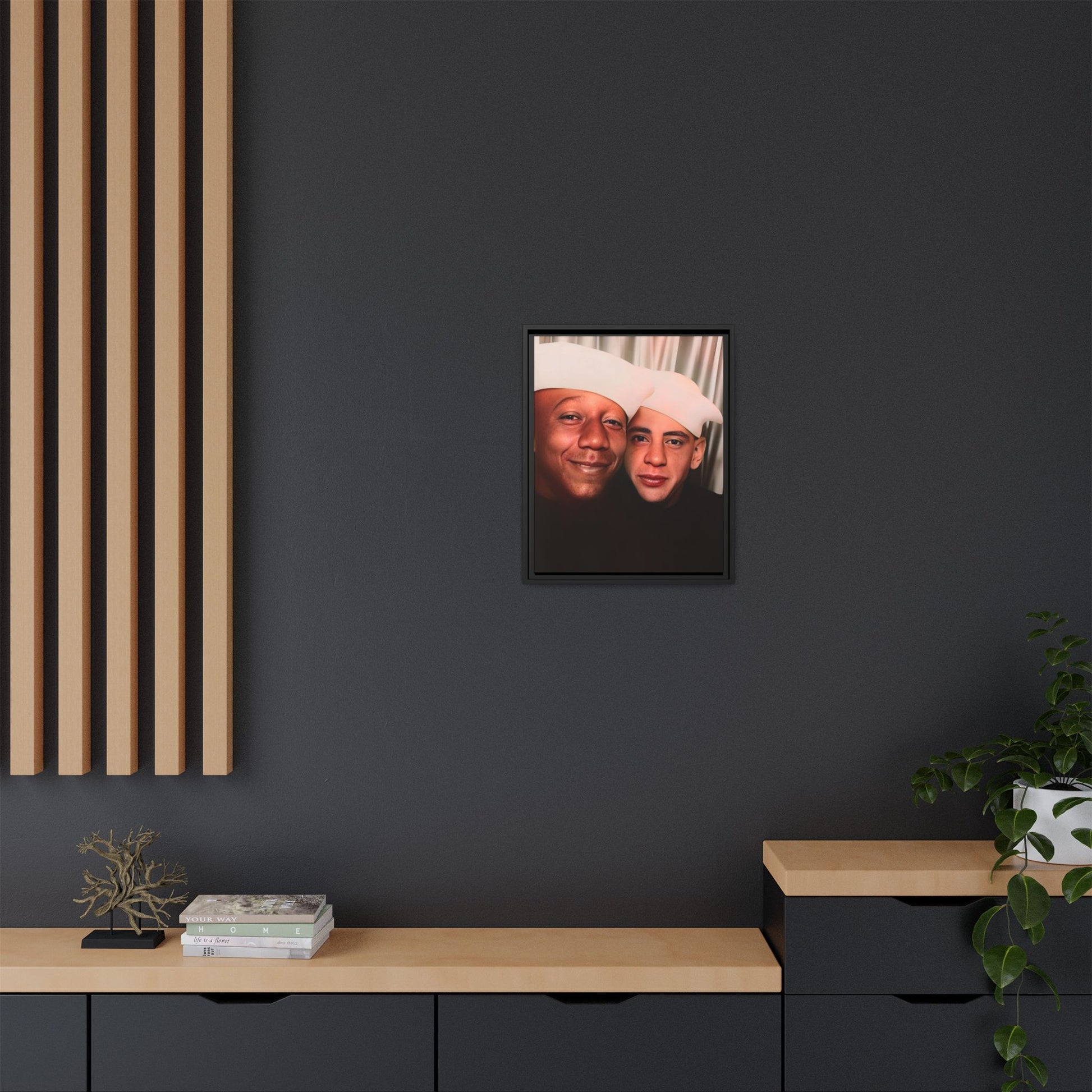 Restored vintage photo of Arthur & Marvin, WWII-era gay sailors in a photo booth, Daytona Beach FL, framed canvas art.
