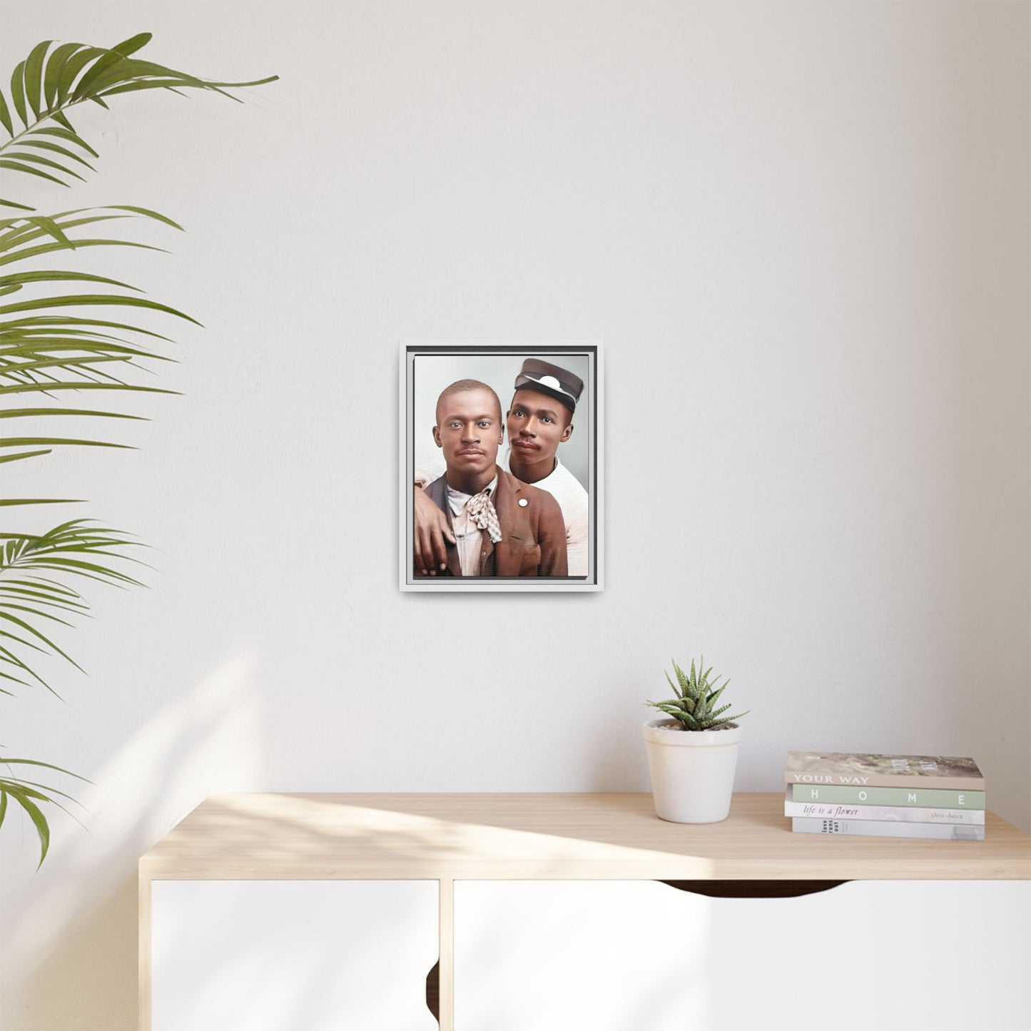 A restored vintage portrait of Willie & Louis at Metro-North Railroad in Harlem, New York. This framed matte canvas celebrates LGBTQ+ history, African American heritage, and timeless love. Gay Couple