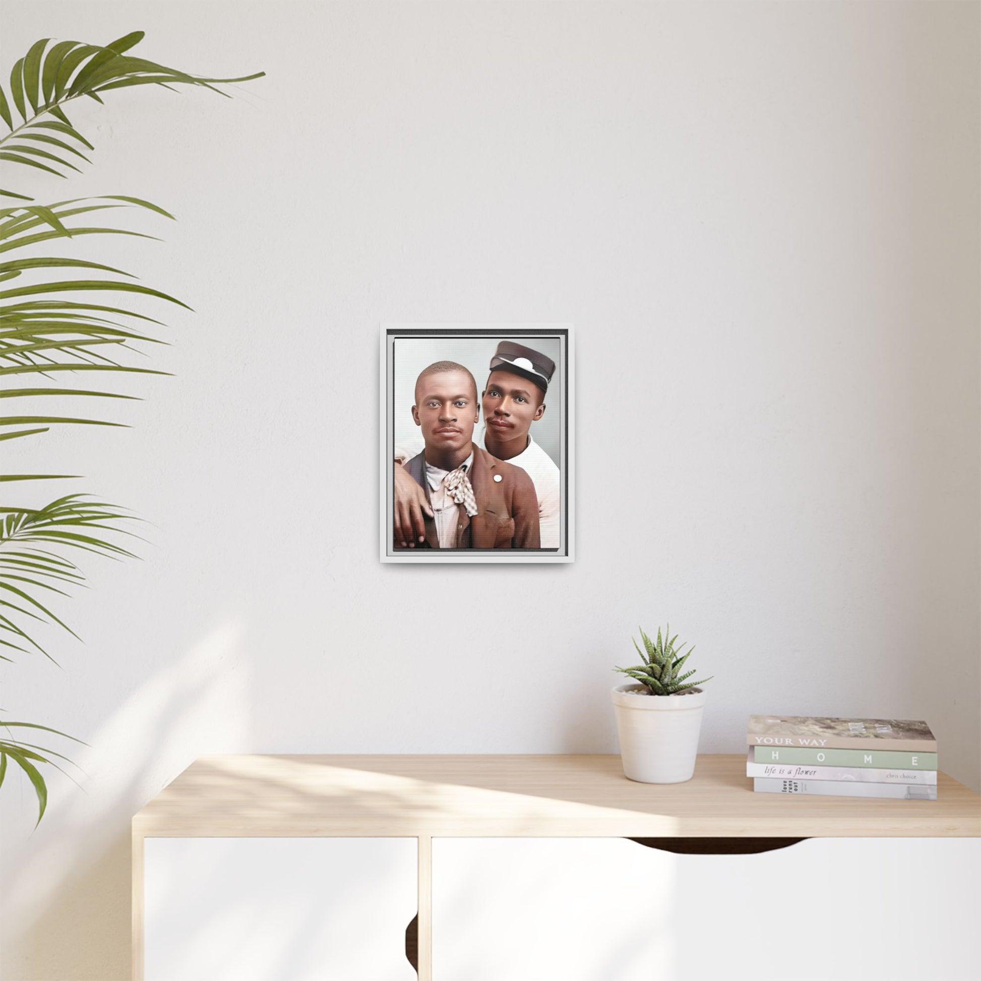A restored vintage portrait of Willie & Louis at Metro-North Railroad in Harlem, New York. This framed matte canvas celebrates LGBTQ+ history, African American heritage, and timeless love. Gay Couple