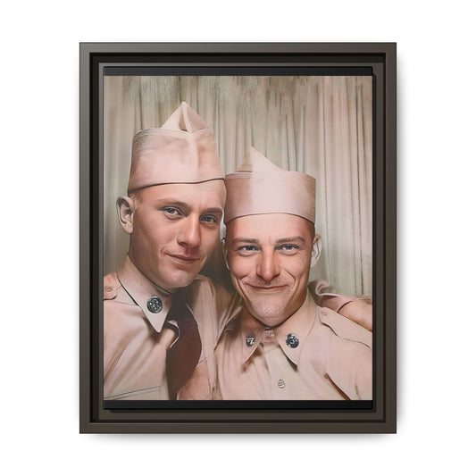 A framed vintage army portrait on matte canvas featuring two soldiers at Puget Sound Naval Shipyard, symbolizing friendship and service. Gay Couple Photo Booth