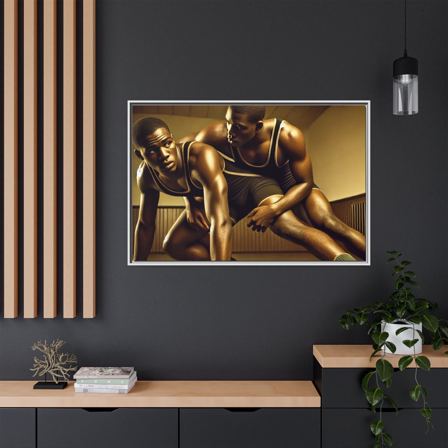 Framed artwork inspired by Grant Wood, showcasing African-American wrestlers in a vintage gymnasium setting. A powerful tribute to teamwork, resilience, and regionalist art.