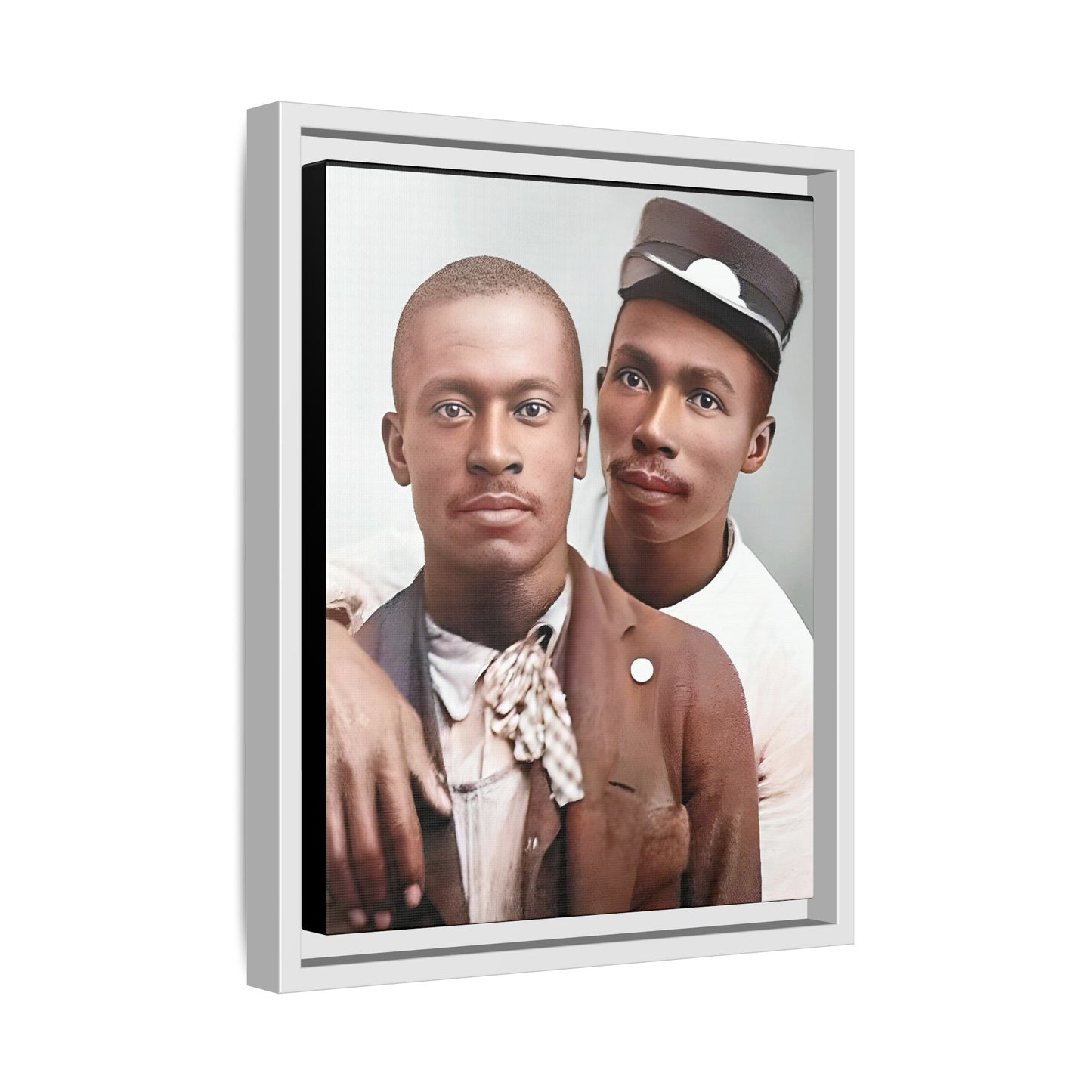 A restored vintage portrait of Willie & Louis at Metro-North Railroad in Harlem, New York. This framed matte canvas celebrates LGBTQ+ history, African American heritage, and timeless love. Gay Couple
