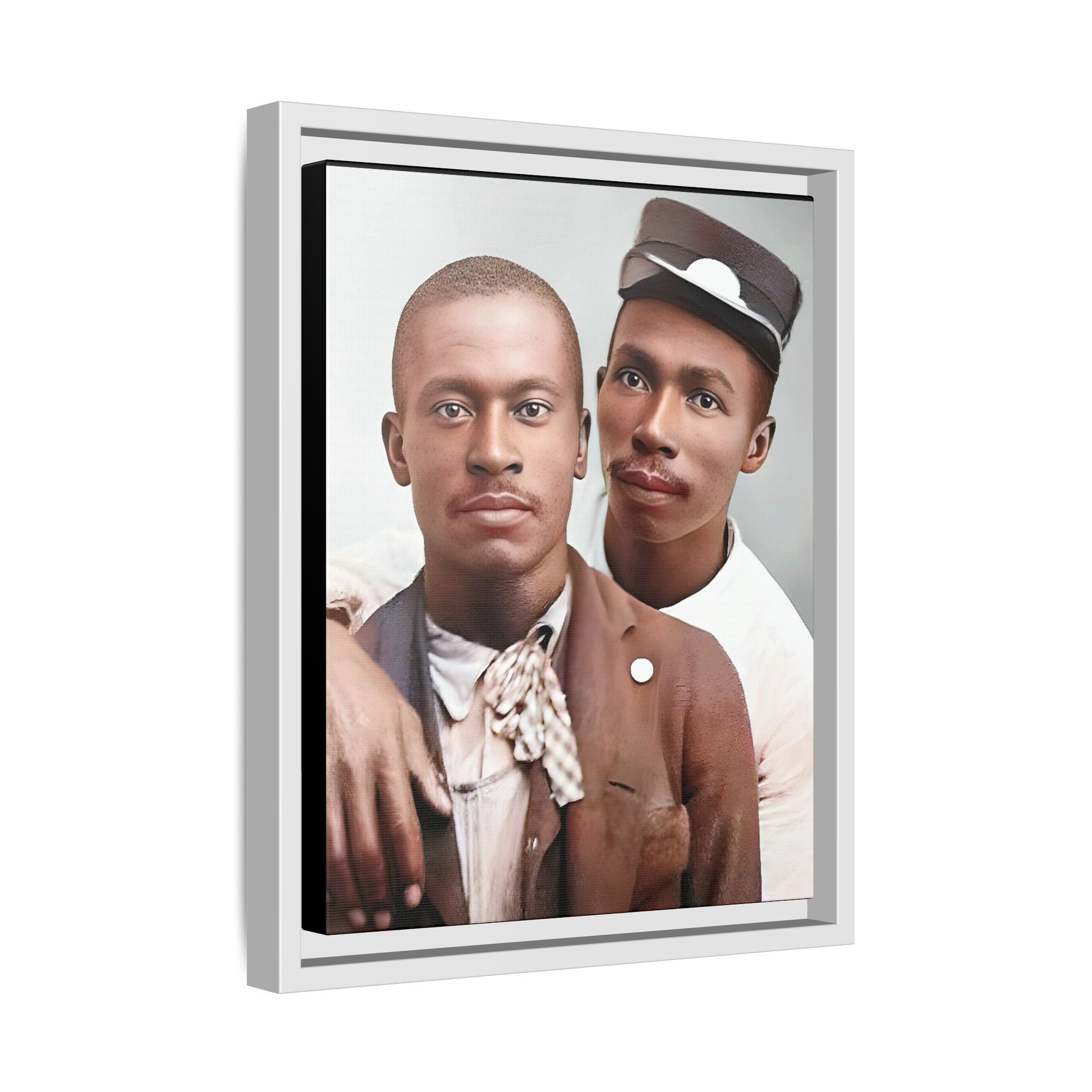 A restored vintage portrait of Willie & Louis at Metro-North Railroad in Harlem, New York. This framed matte canvas celebrates LGBTQ+ history, African American heritage, and timeless love. Gay Couple