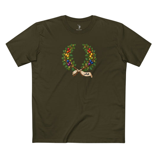 Front view of a Qatar Pride T-shirt featuring a vintage sidra tree wreath with rainbow fruit and an ivory فخر ribbon.