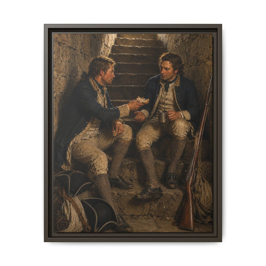 Framed matte canvas depicting two Continental Army enlisted soldiers seated in a stone bastion stairwell with muskets, haversacks, and period military equipment.