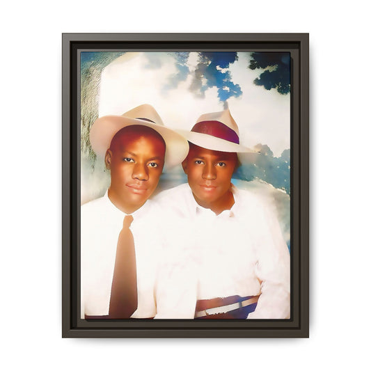 A restored vintage portrait of Bryson & Damien in Taylor, Mississippi. This framed matte canvas celebrates LGBTQ+ history, Southern charm, and timeless love. African American Gay Couple