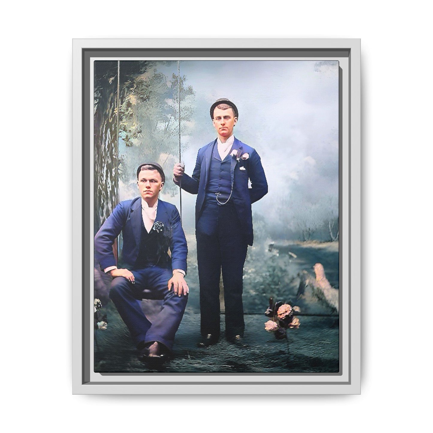 A restored vintage portrait of David & Earnest in Monongahela City, Pennsylvania. This framed matte canvas honors LGBTQ+ history, elegance, and enduring love. Gay Couple