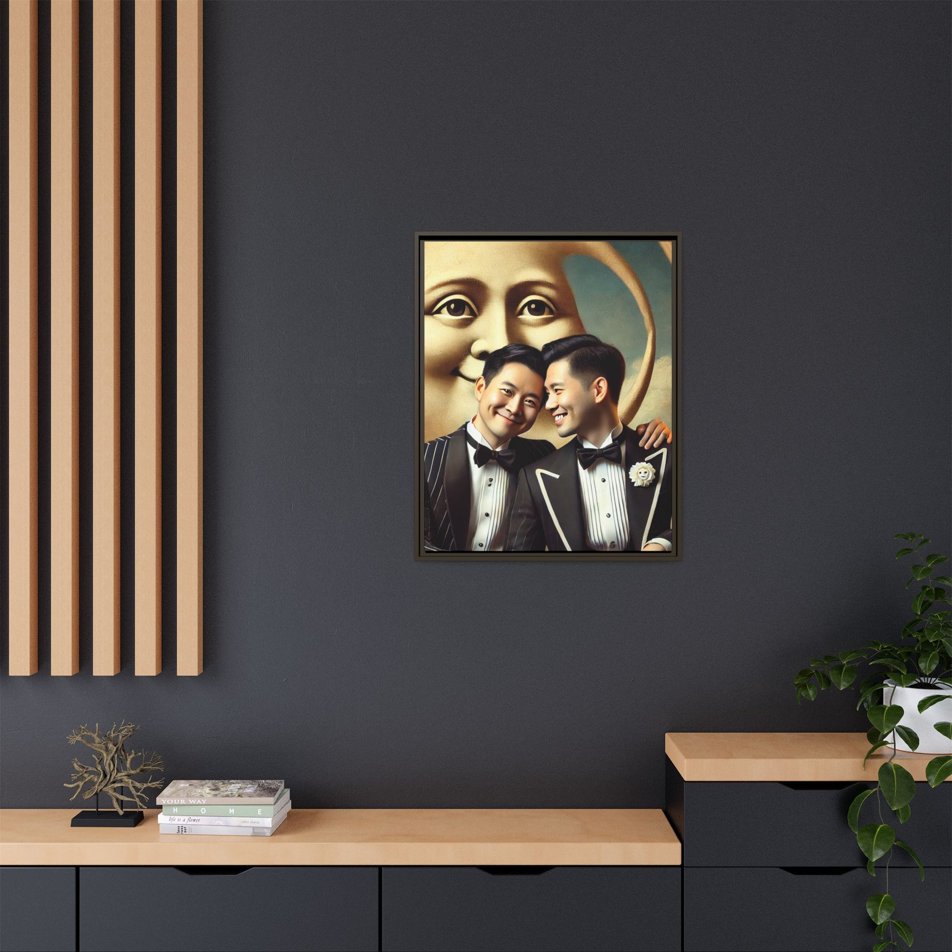 Framed matte canvas featuring a joyful queer Asian couple in tuxedos standing beneath a crescent moon. This artwork, part of the Missing Art Studies series, reimagines erased queer histories with warmth, dignity, and vintage-inspired style.