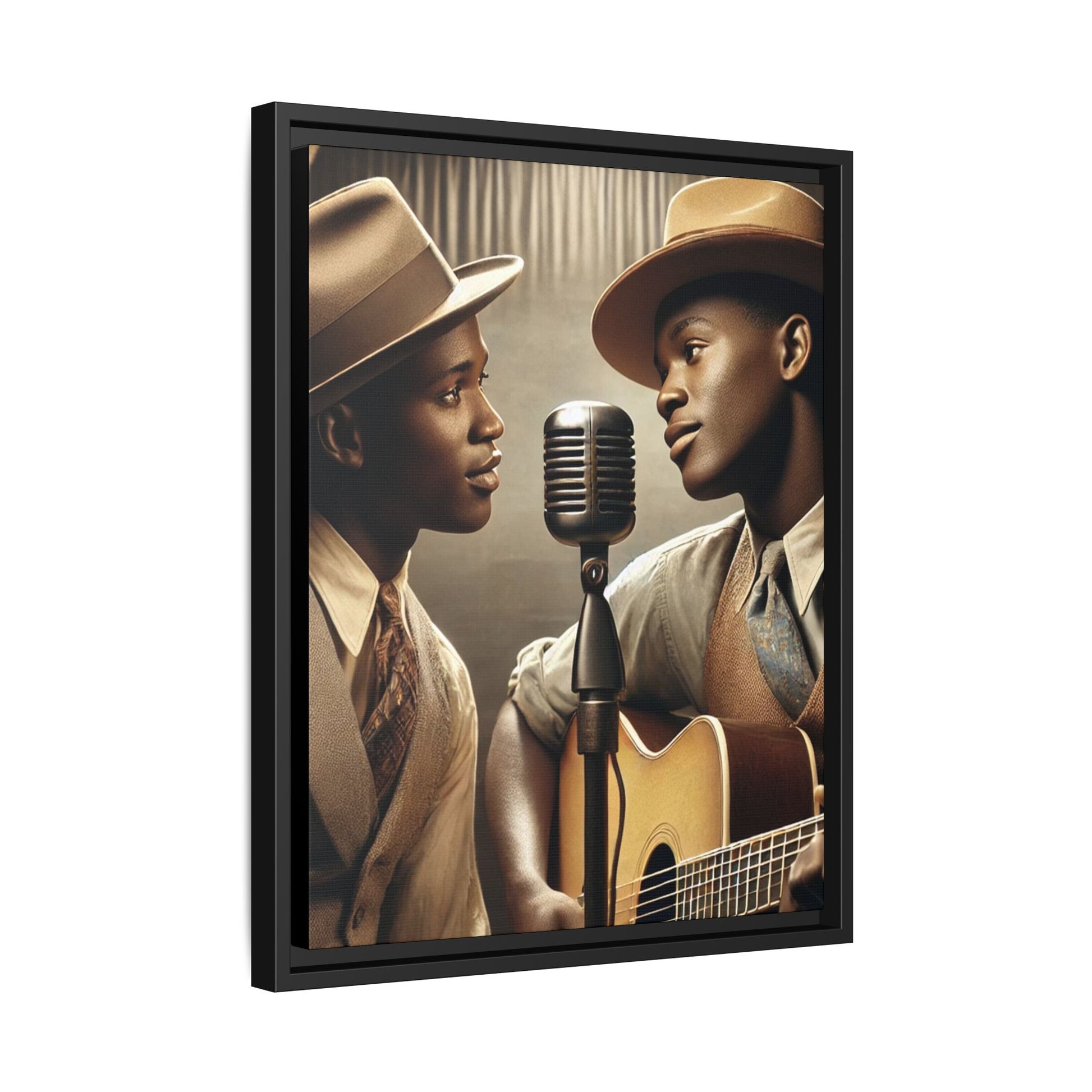 Artwork of an African-American gay couple recording a song in a 1930s-style studio. Dressed in vintage attire with fedoras and ties, they share a close, tender moment around a classic microphone, capturing love, music, and cultural heritage in a nostalgic setting