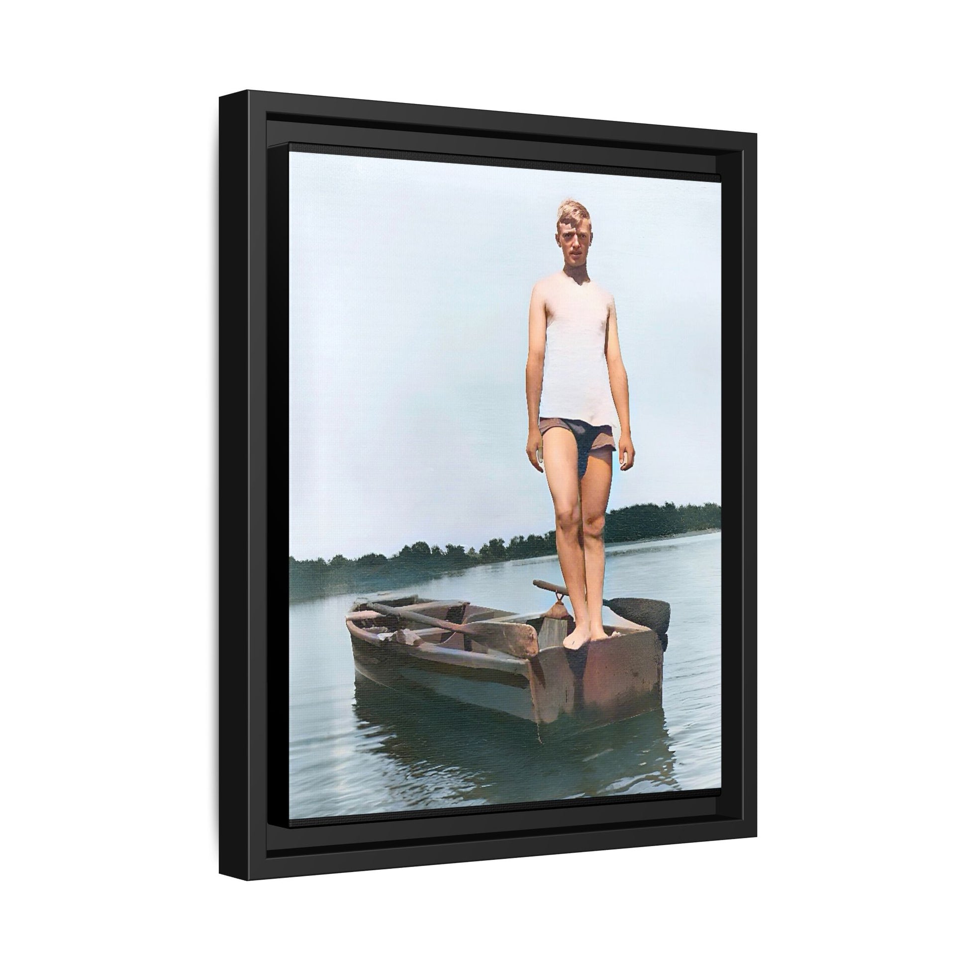 A framed vintage lake portrait on matte canvas featuring George standing on a rowboat at Creve Coeur Lake, Missouri, capturing timeless outdoor nostalgia.
