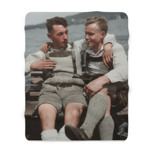 Historical photo fleece throw blanket with restored lakeside portrait