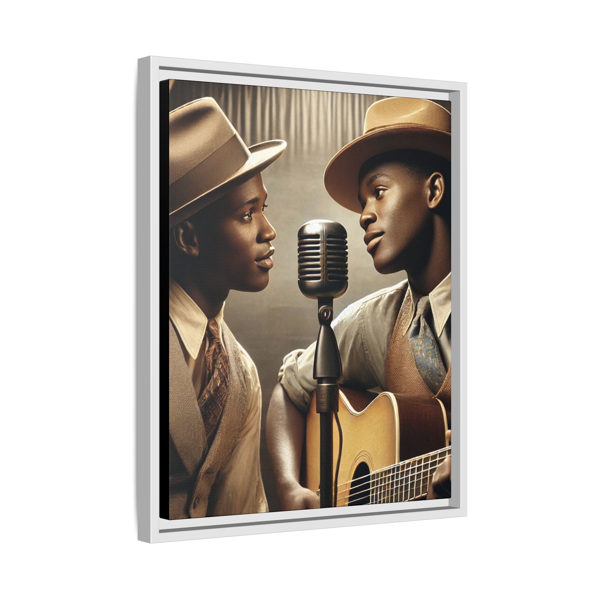 Artwork of an African-American gay couple recording a song in a 1930s-style studio. Dressed in vintage attire with fedoras and ties, they share a close, tender moment around a classic microphone, capturing love, music, and cultural heritage in a nostalgic setting