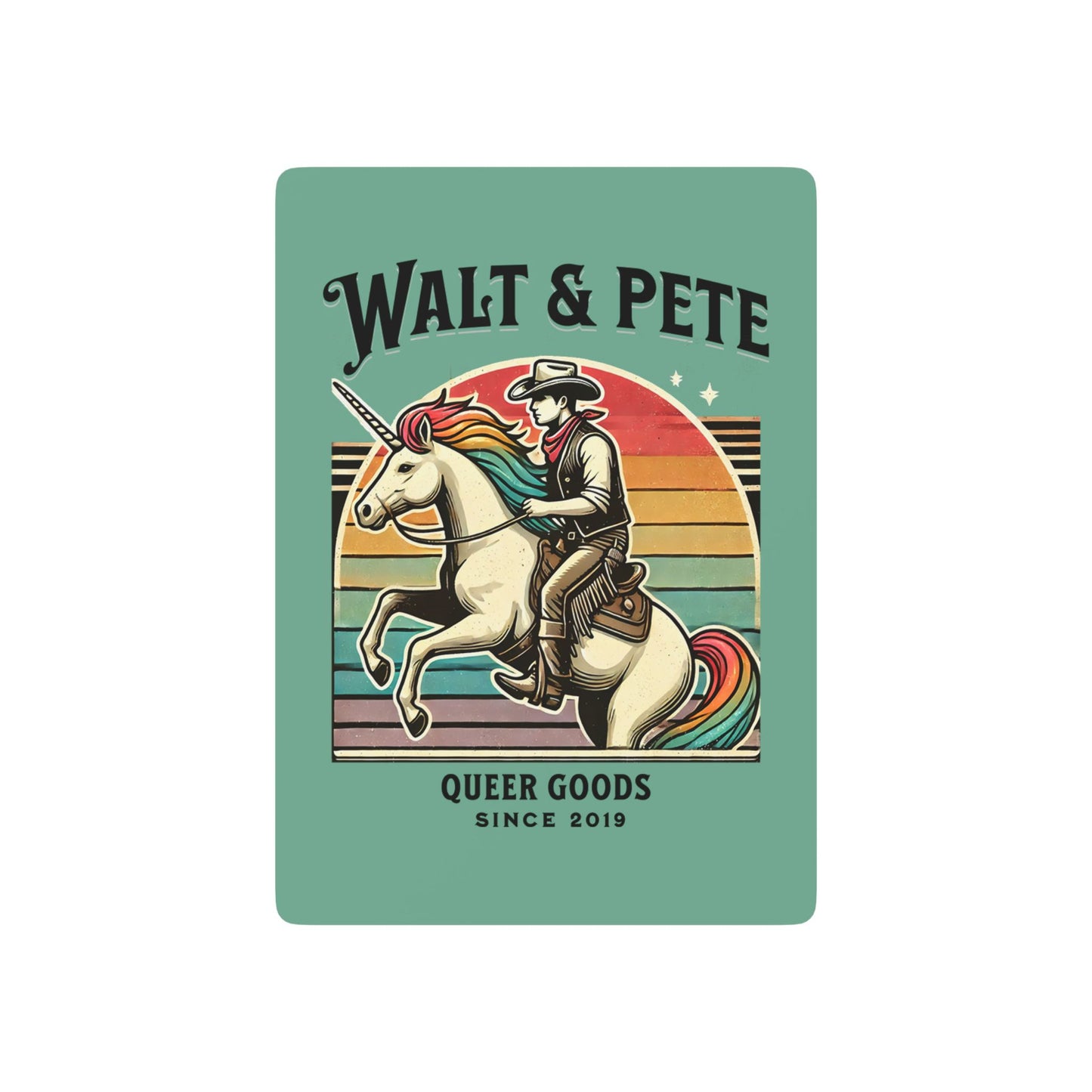 Illustration of a cowboy riding a rainbow unicorn against a retro sunset, symbolizing LGBTQ+ pride and queer resilience.