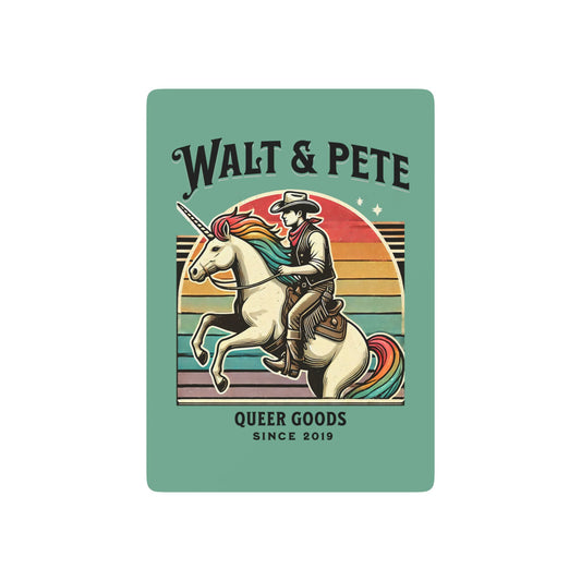 Illustration of a cowboy riding a rainbow unicorn against a retro sunset, symbolizing LGBTQ+ pride and queer resilience.
