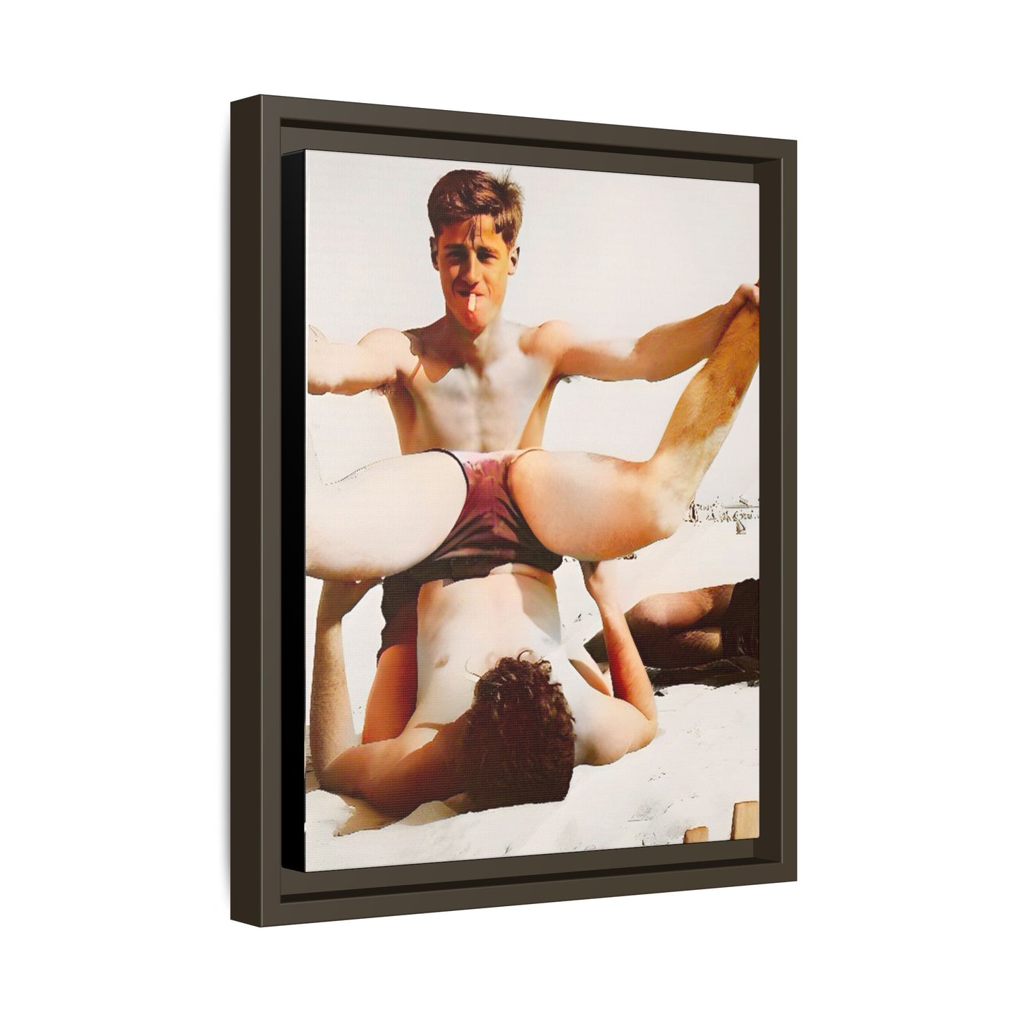 Restored mid-20th century photo of Mitch and Sam at 12th Street Beach, Miami, sharing a playful moment of love and joy, framed as wall décor.