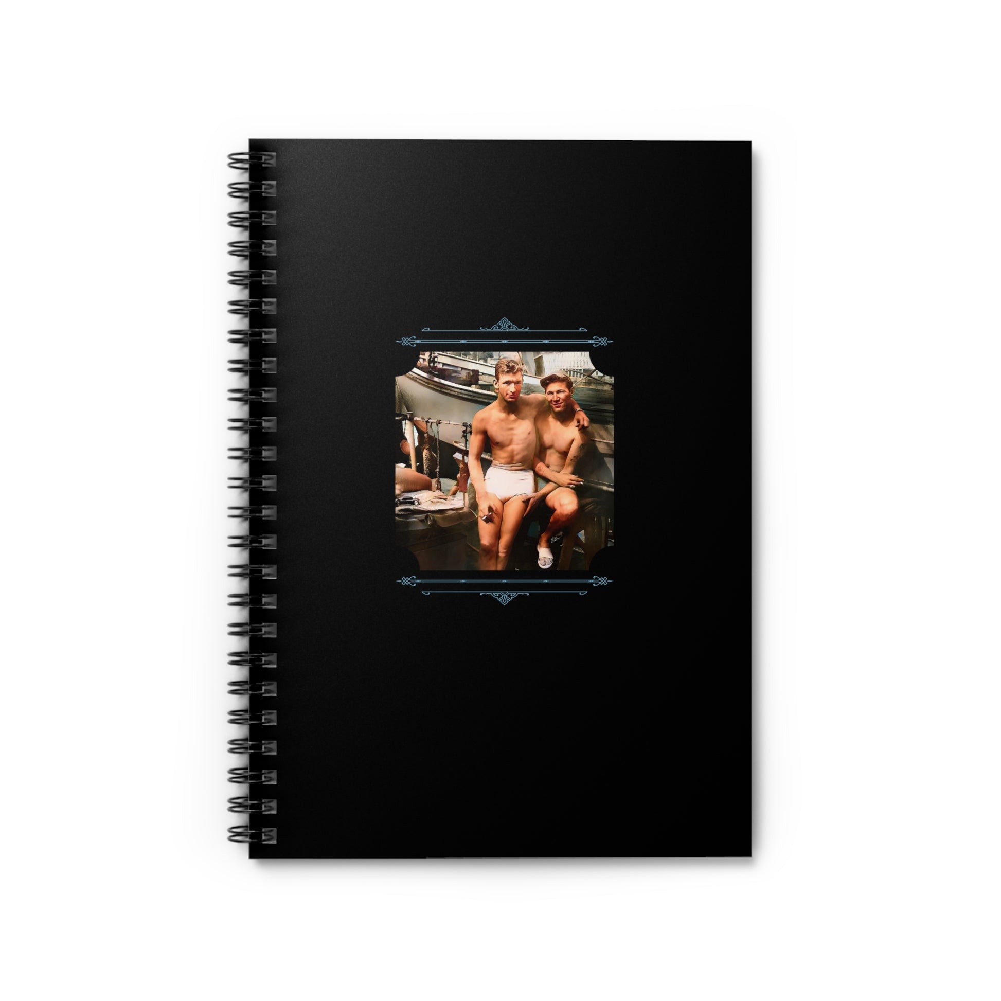 Two shirtless WWII sailors sharing a close moment aboard a naval ship. A Walt & Pete® LGBTQ+ notebook.