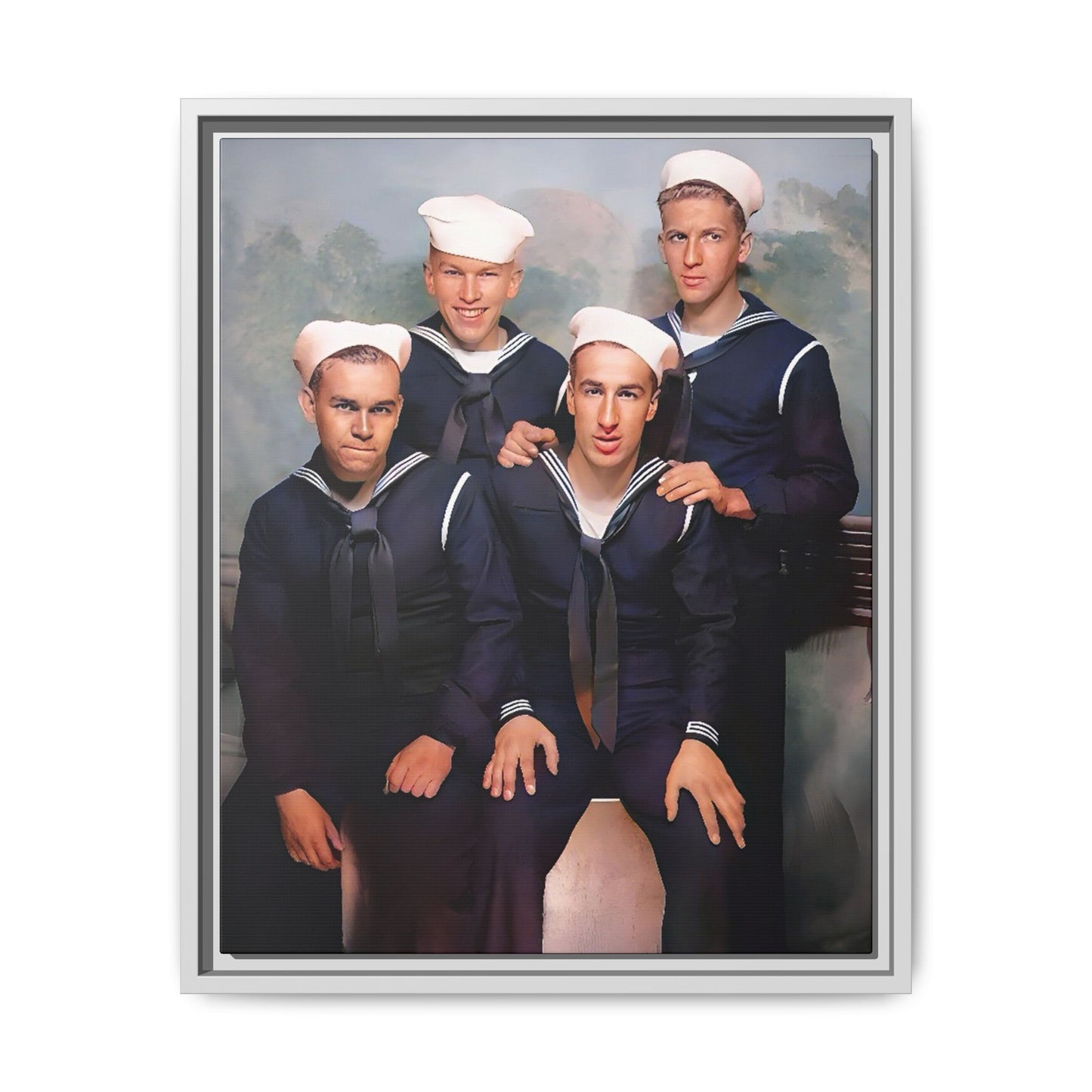 A framed vintage naval portrait on matte canvas featuring four sailors at Naval Station Great Lakes, capturing unity, service, and military pride.